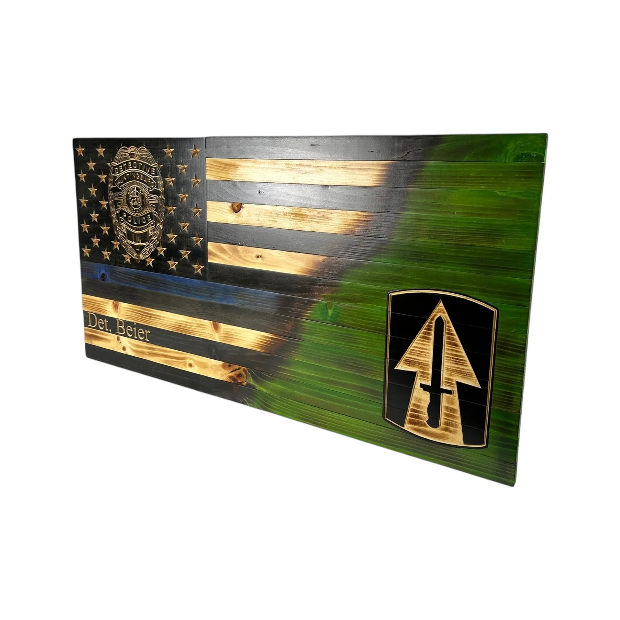 Custom Split American Flag with Engraved Badges and Personalization - Image 5