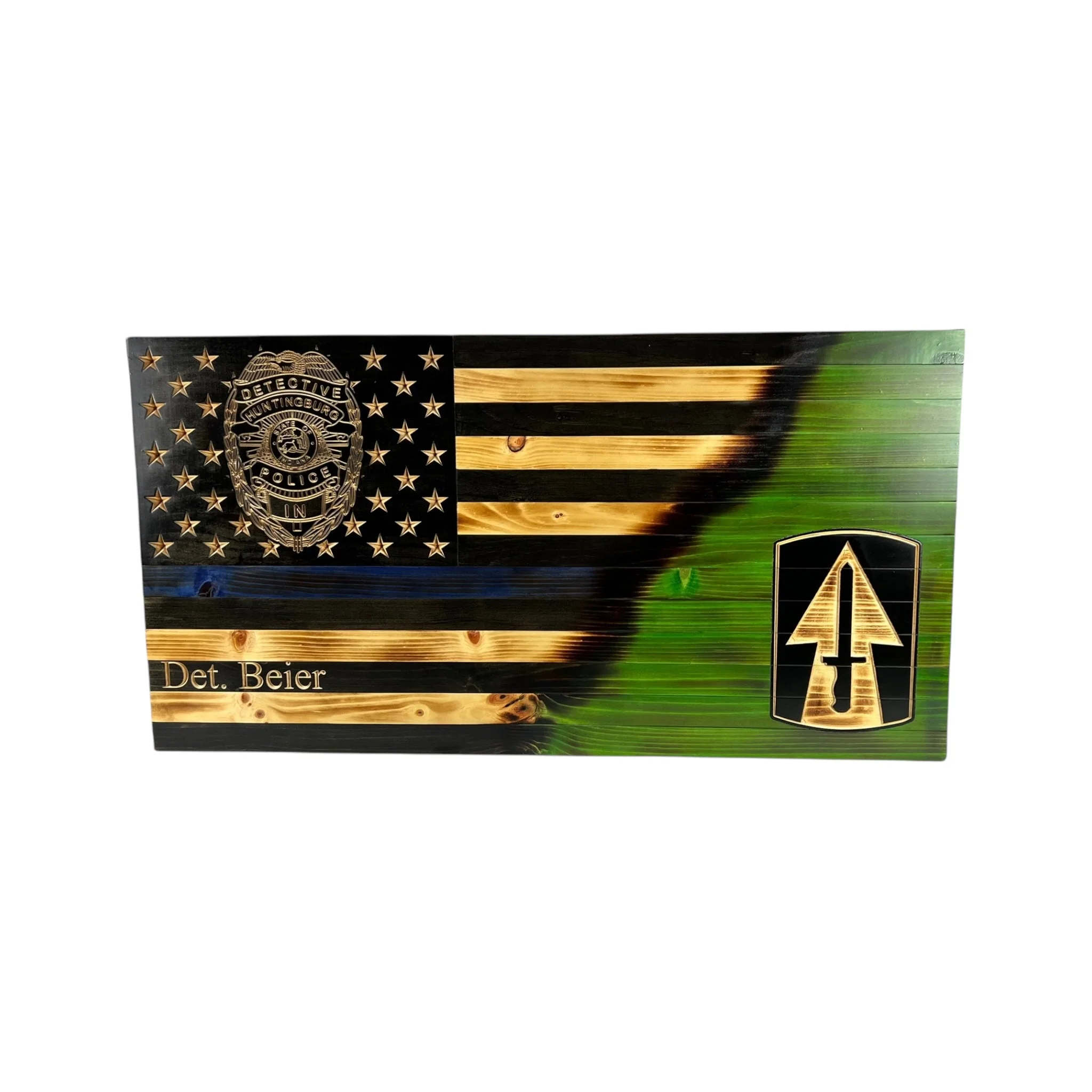 Custom Split American Flag with Engraved Badges and Personalization - Image 6