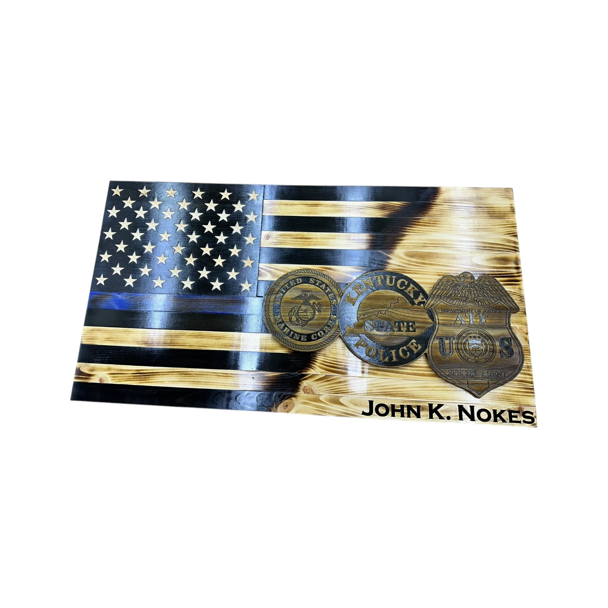 Custom Split American Flag with Engraved Badges and Personalization - Image 7