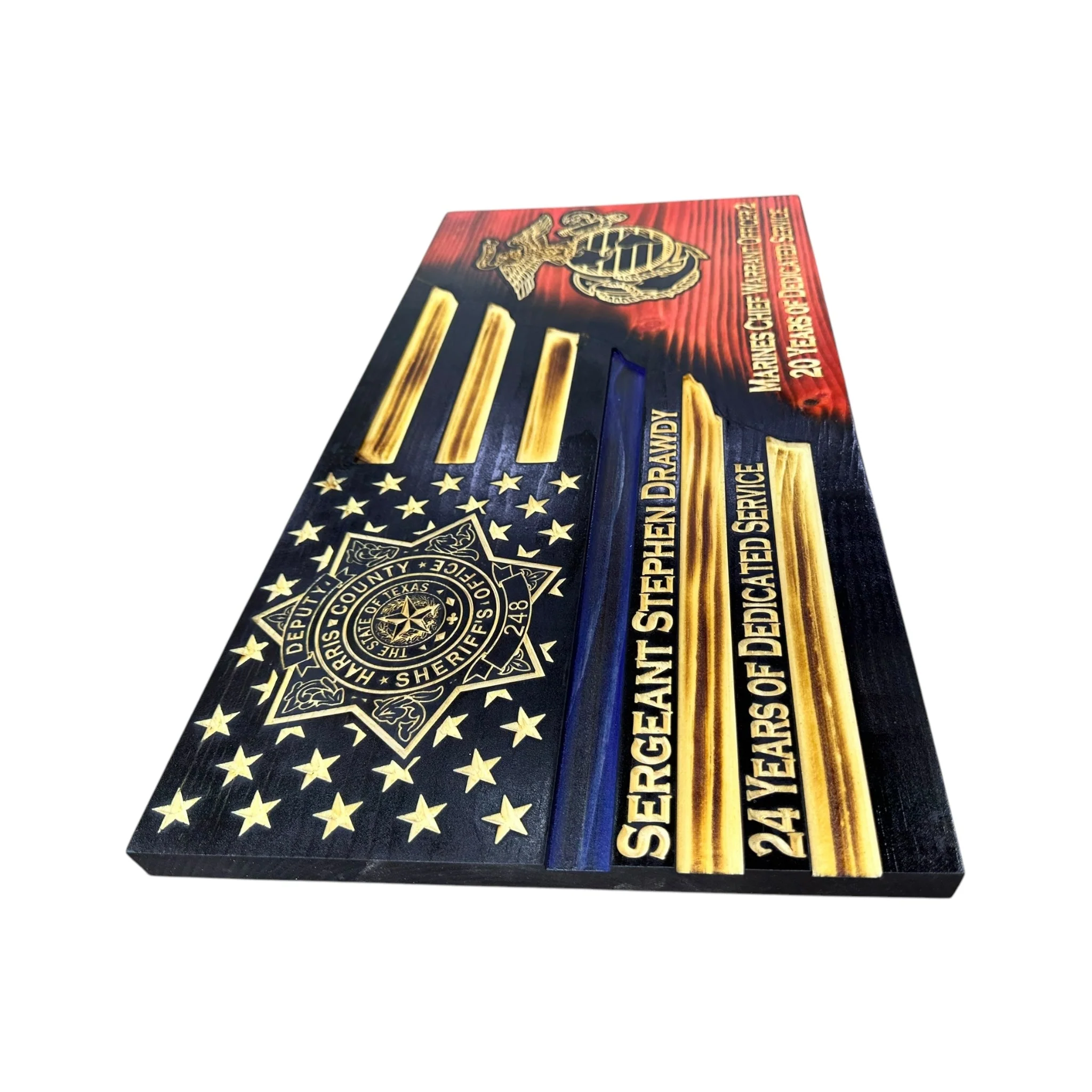 Custom Split American Flag with Engraved Badges and Personalization - Image 8