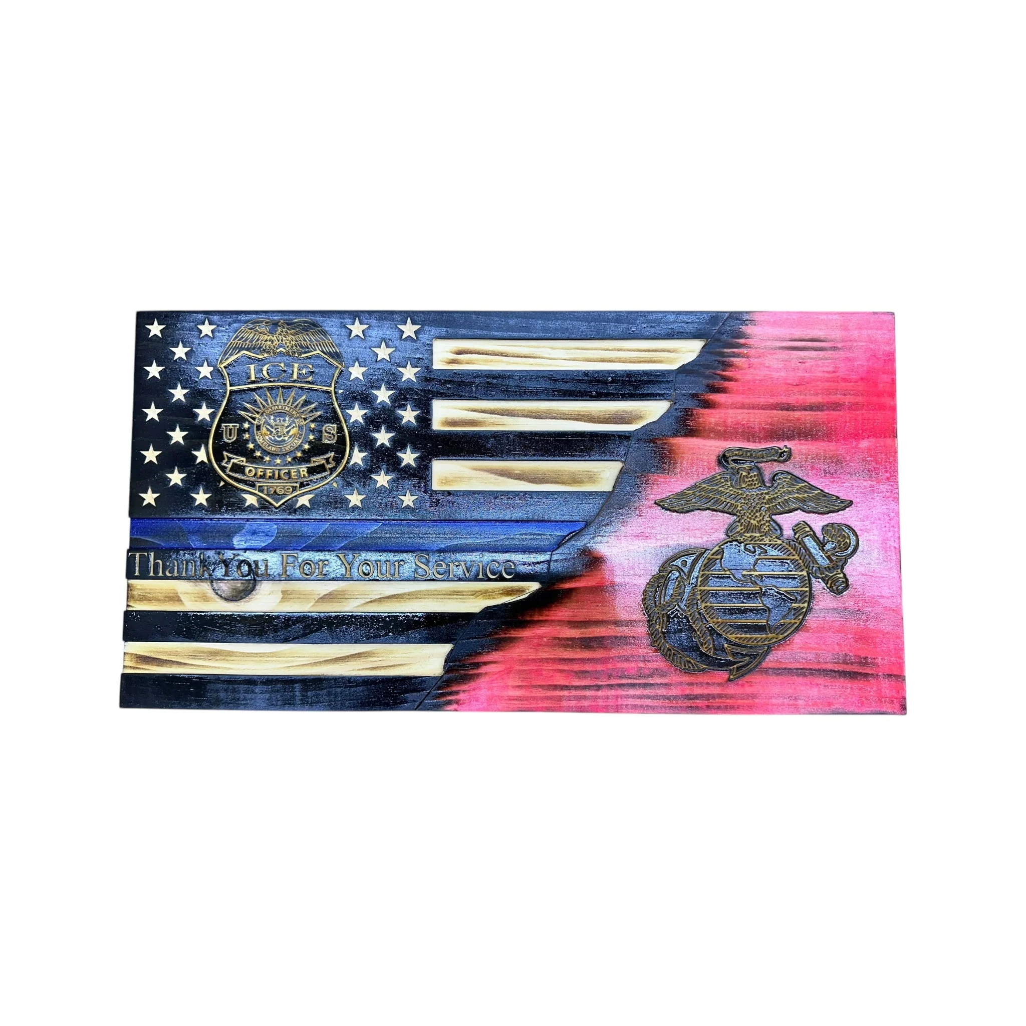 Custom Split American Flag with Engraved Badges and Personalization - Image 9