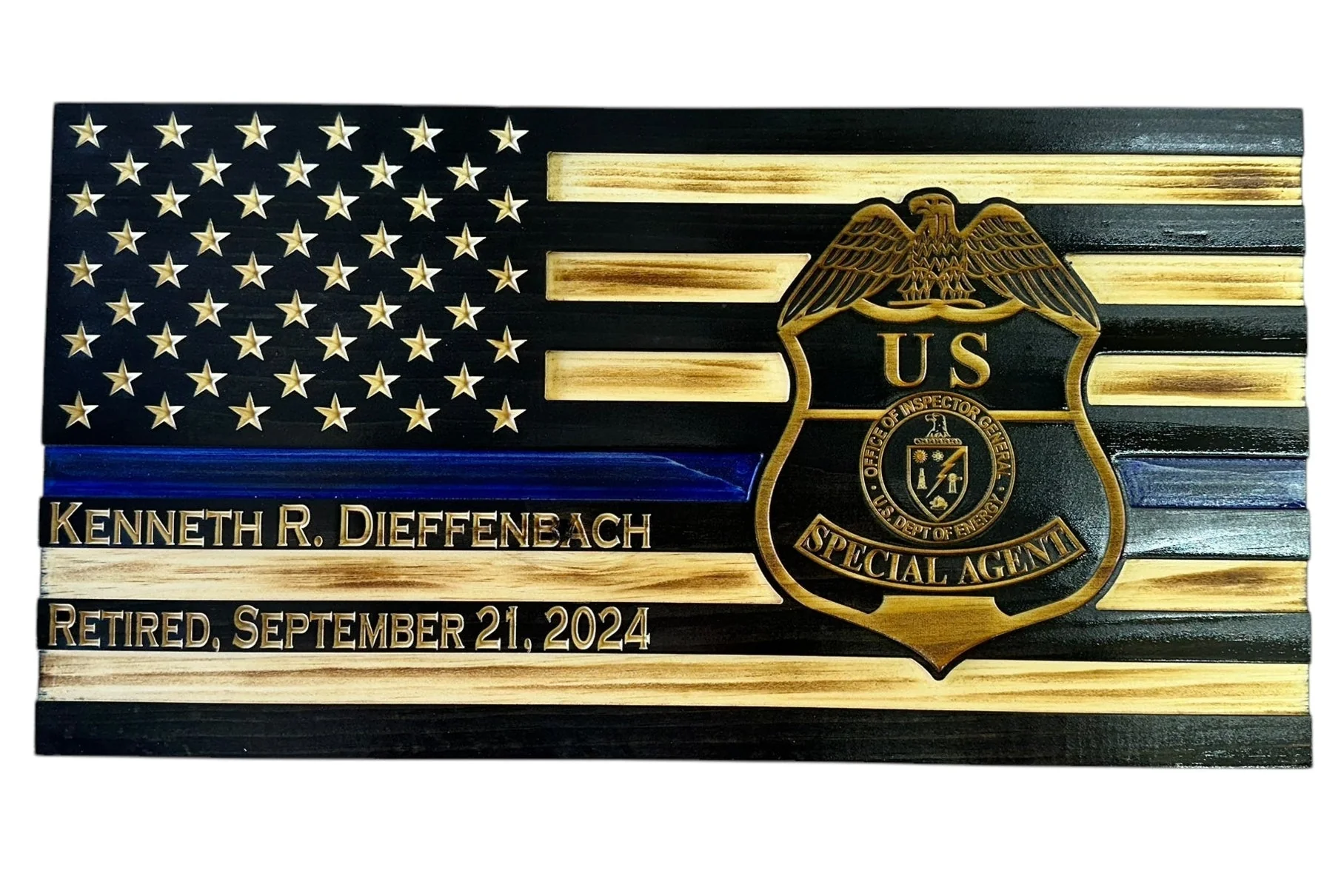 Custom Thin Blue Line Flag with Engraved Badges and Personalized Details - Image 11