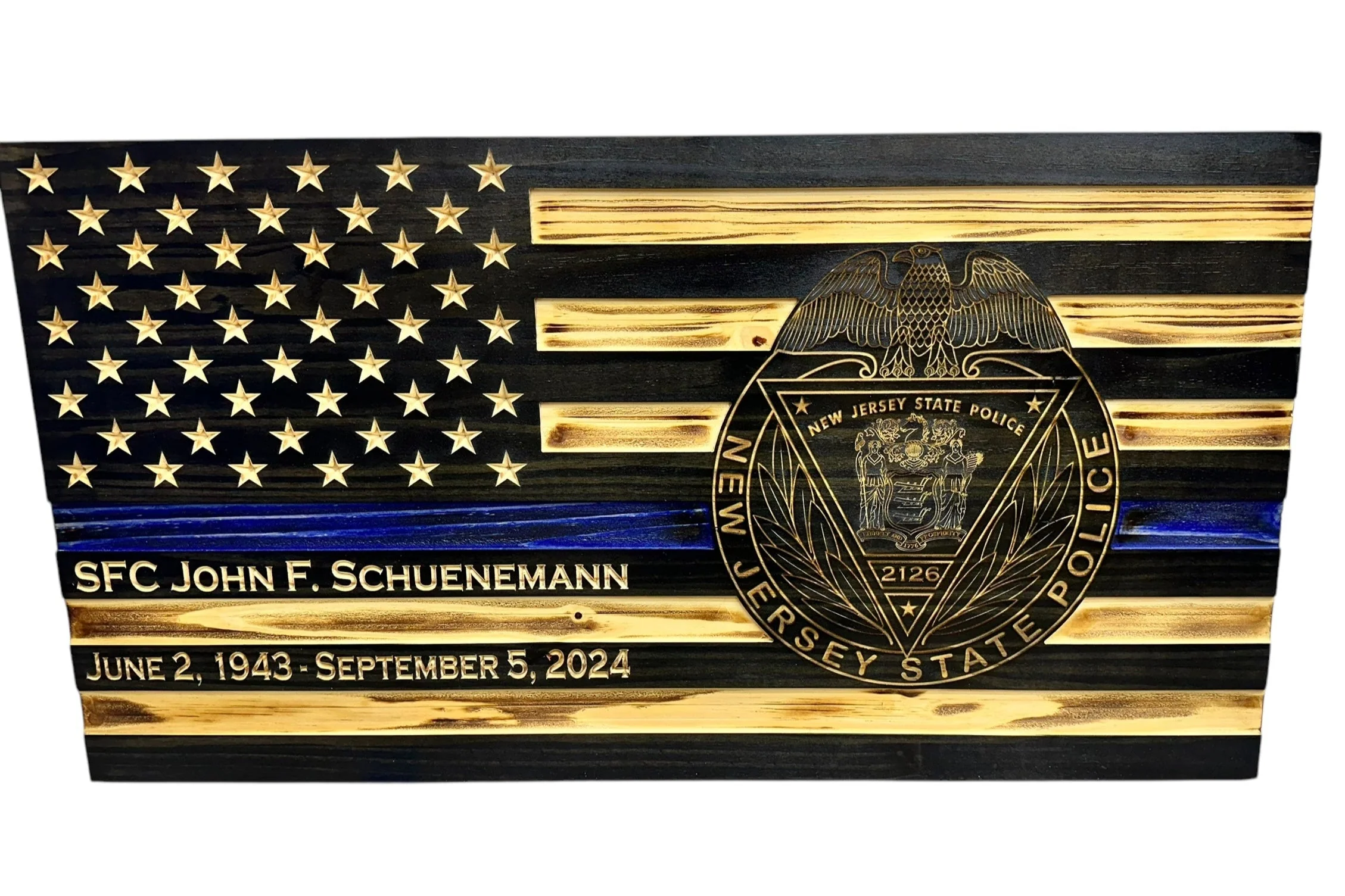 Custom Thin Blue Line Flag with Engraved Badges and Personalized Details - Image 12