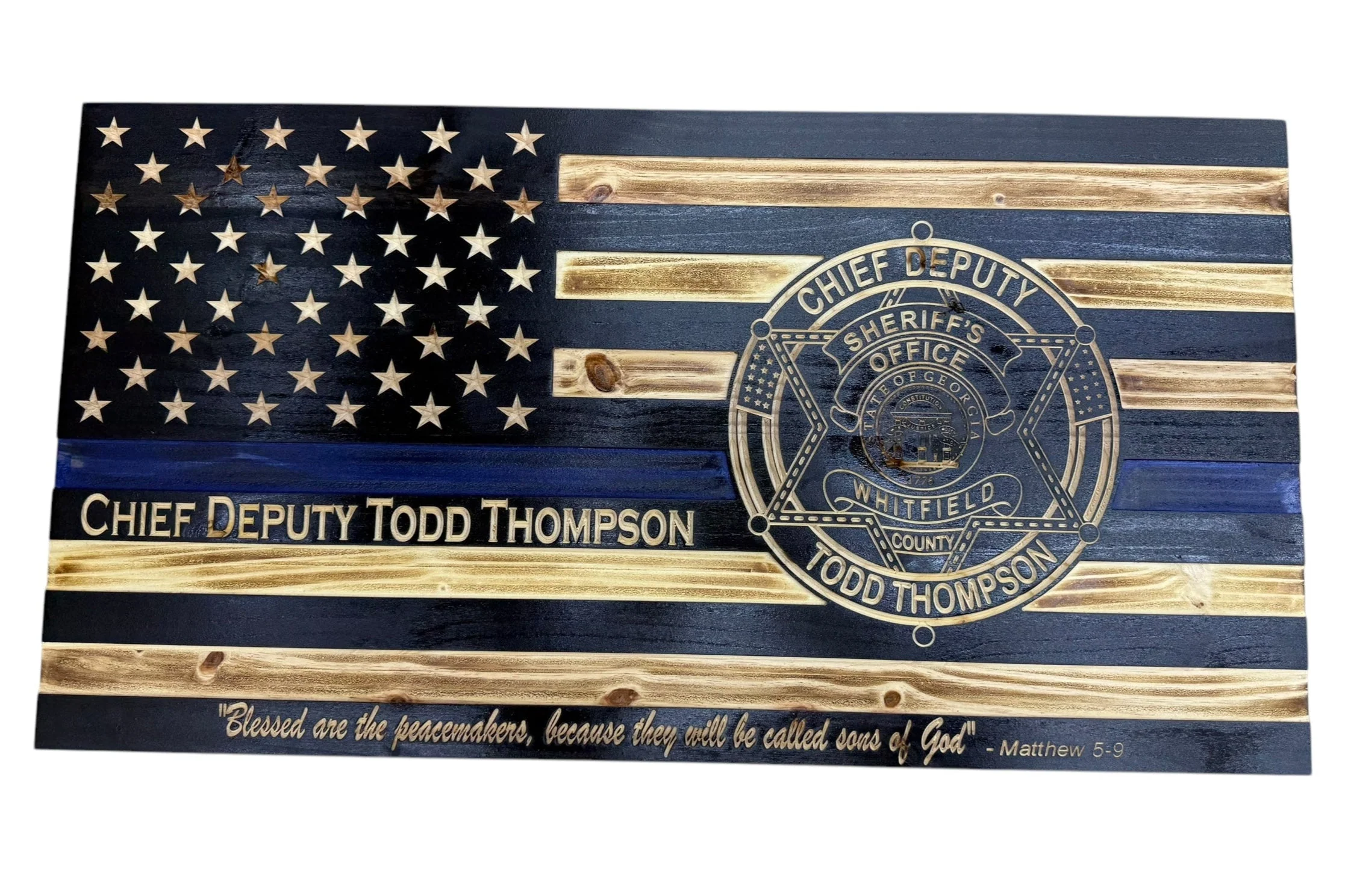 Custom Thin Blue Line Flag with Engraved Badges and Personalized Details - Image 15