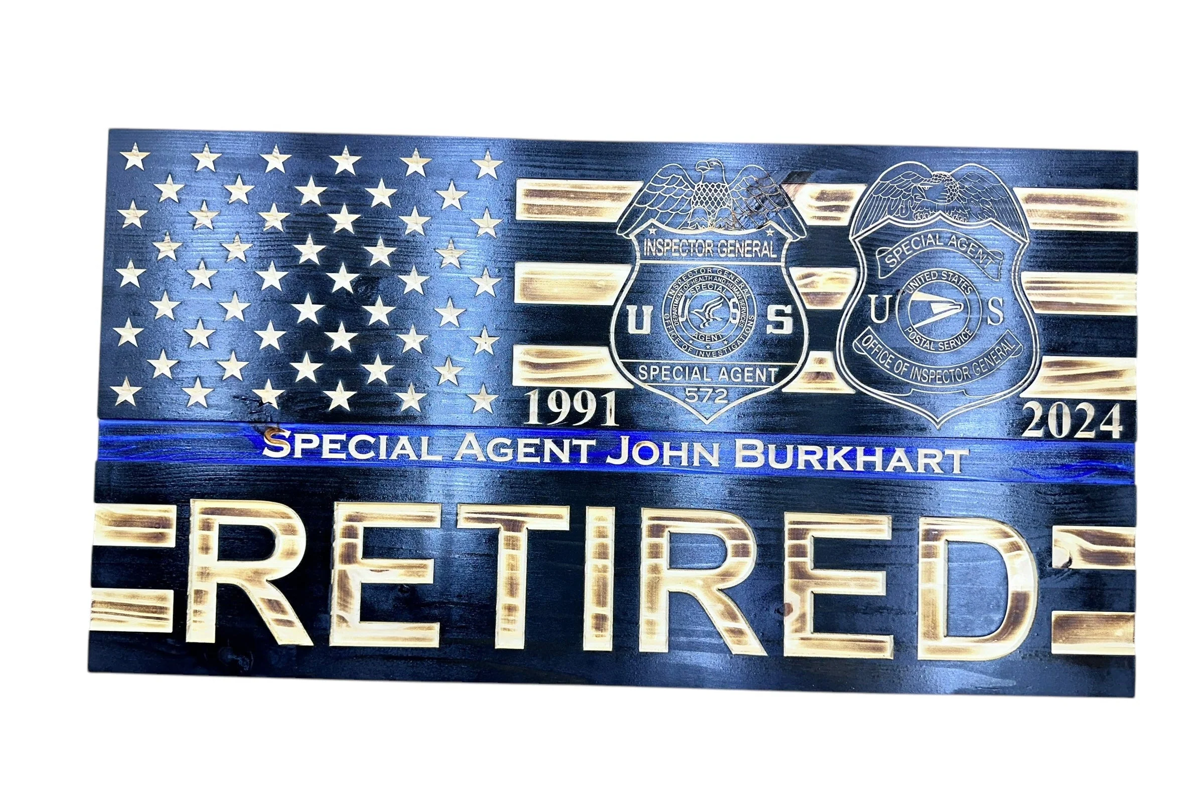 Custom Thin Blue Line Flag with Engraved Badges and Personalized Details - Image 2