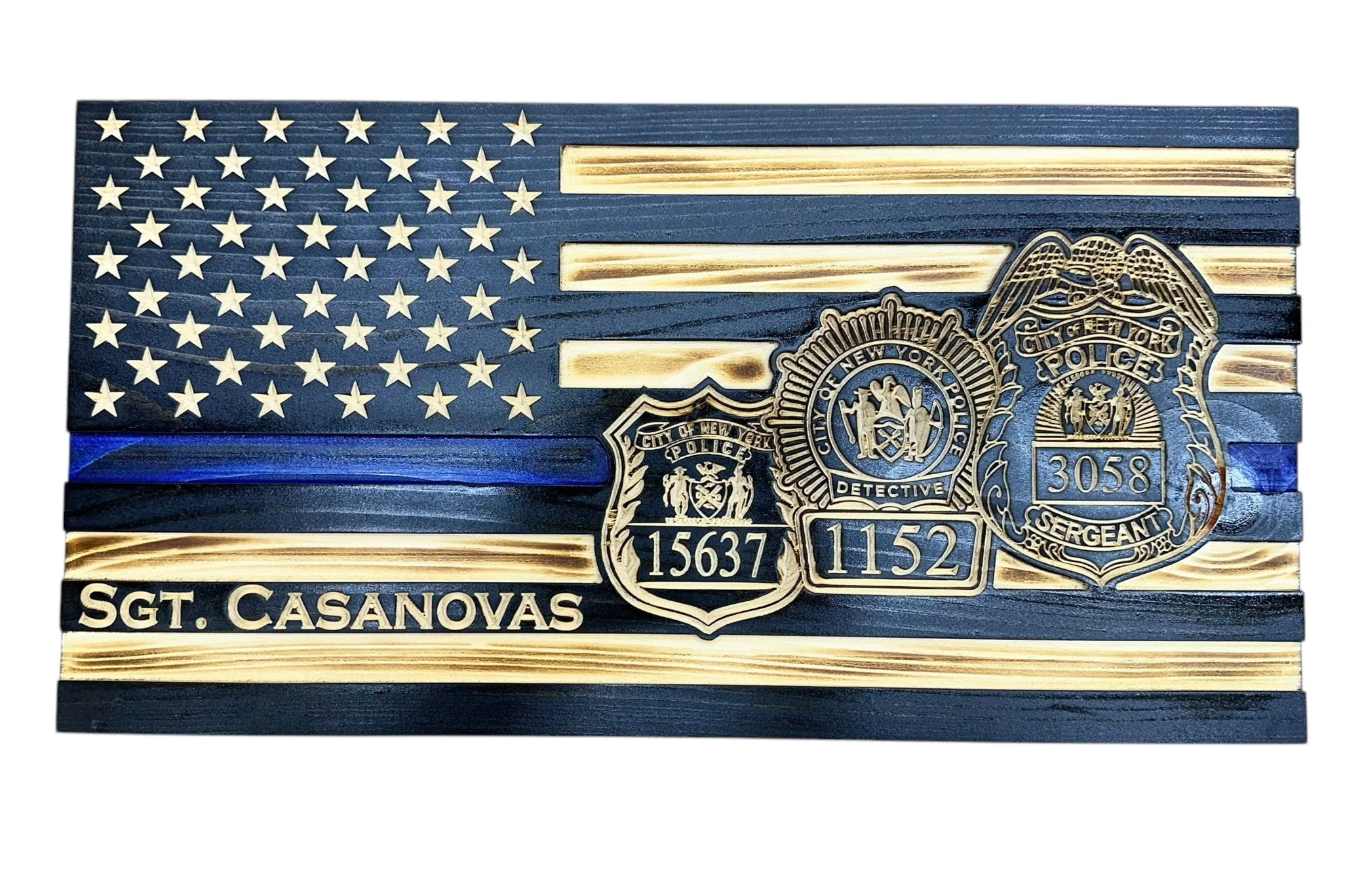 Custom Thin Blue Line Flag with Engraved Badges and Personalized Details - Image 3
