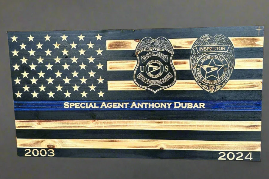 Custom Thin Blue Line Flag with Engraved Badges and Personalized Details - Image 4