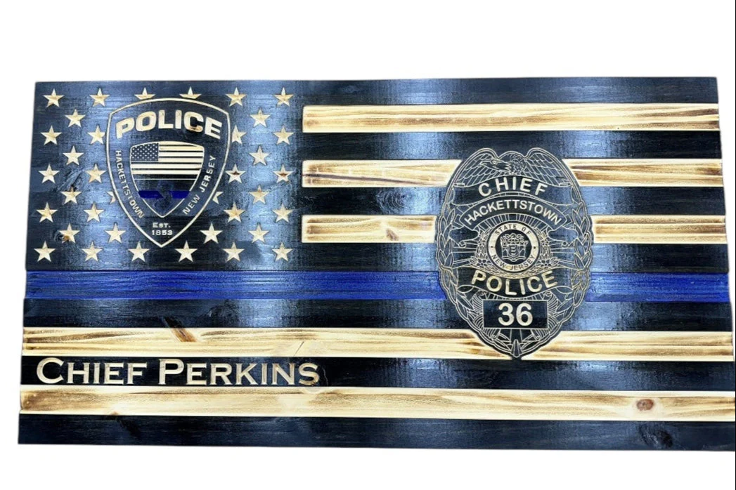 Custom Thin Blue Line Flag with Engraved Badges and Personalized Details - Image 5