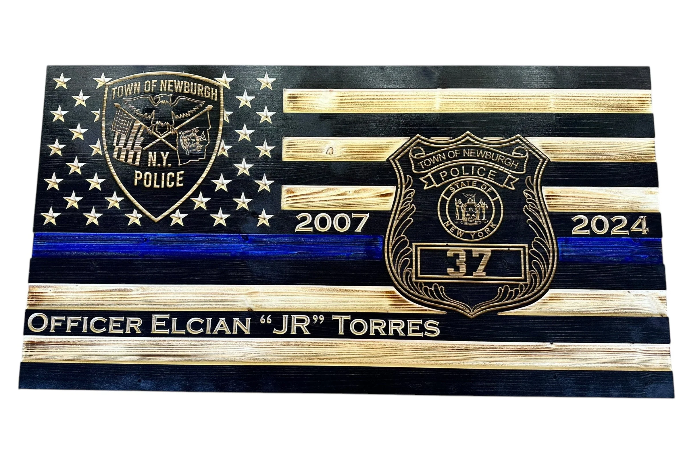 Custom Thin Blue Line Flag with Engraved Badges and Personalized Details - Image 6
