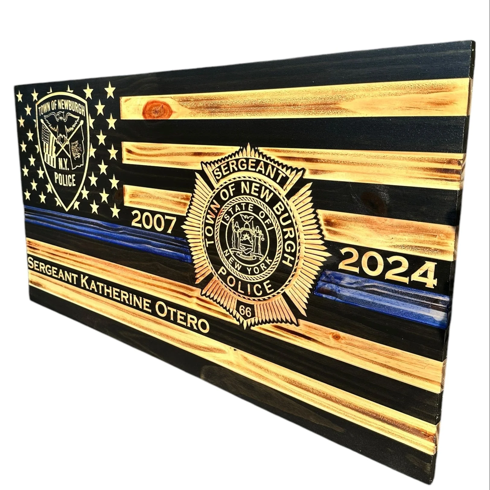 Custom Thin Blue Line Flag with Engraved Badges and Personalized Details - Image 7