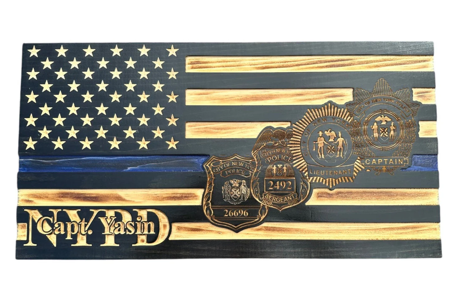 Custom Thin Blue Line Flag with Engraved Badges and Personalized Details - Image 9