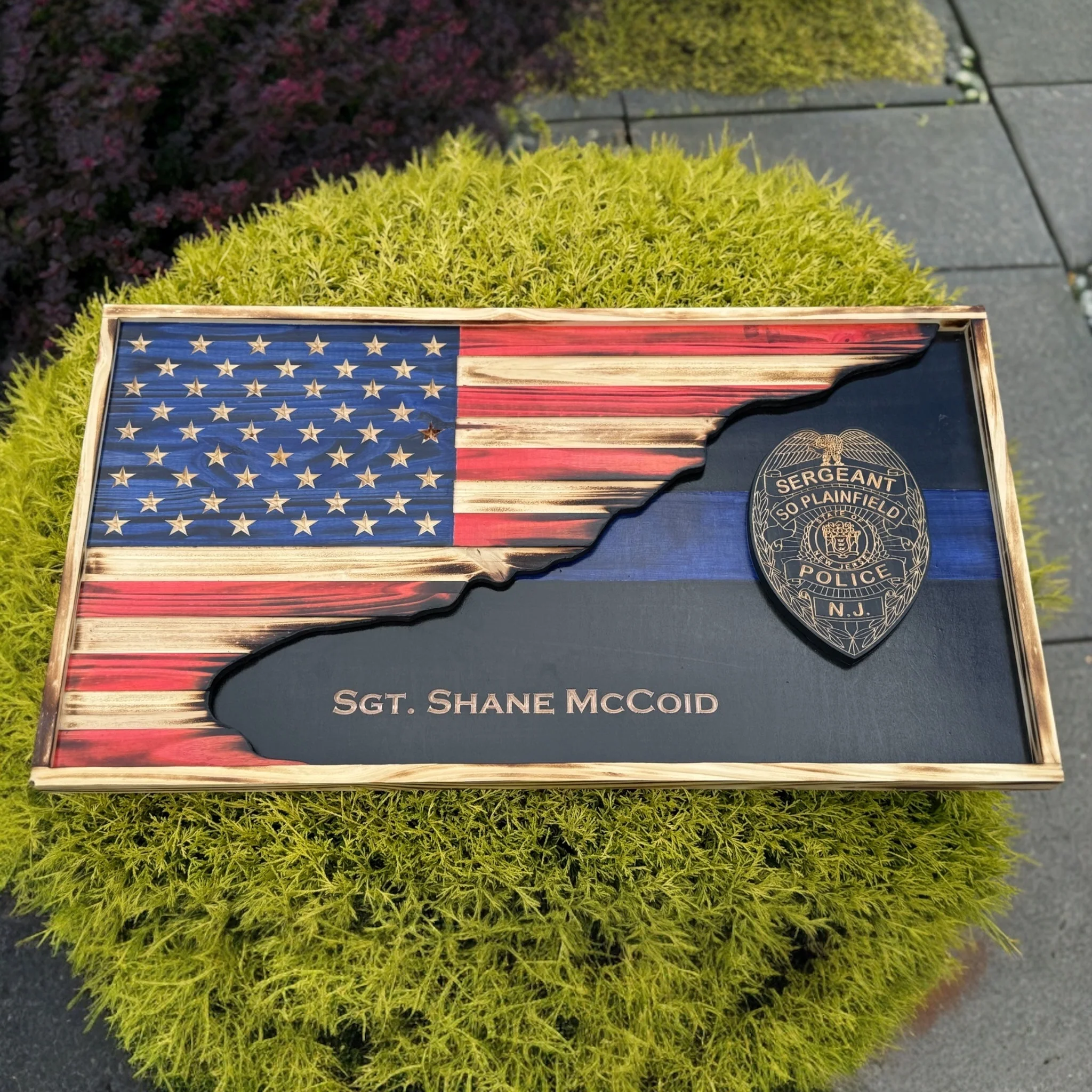 Custom Thin Line American Flag with Badge | 3D Carved First Responder Wall Art - Image 2