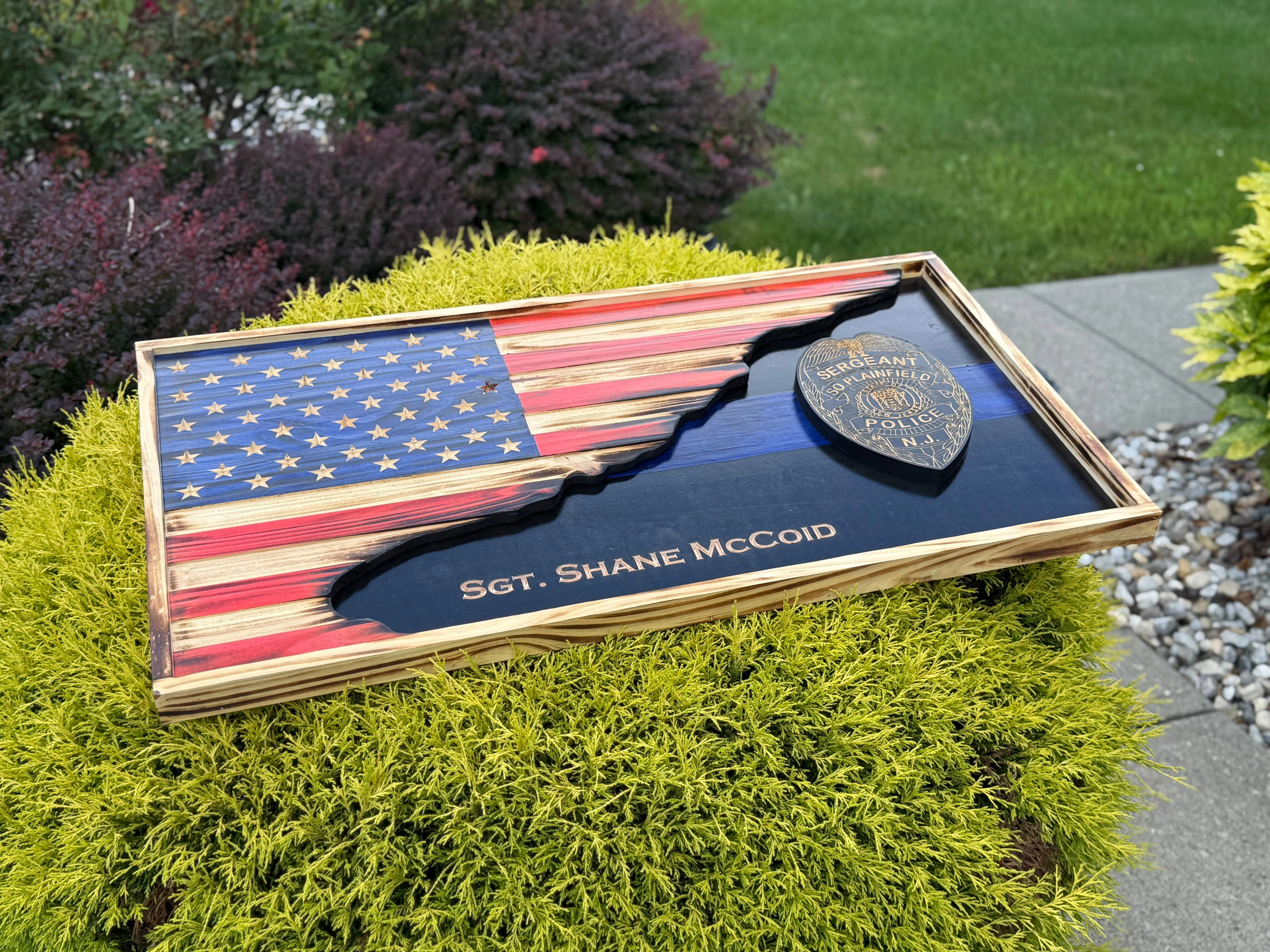 Custom Thin Line American Flag with Badge | 3D Carved First Responder Wall Art - Image 5