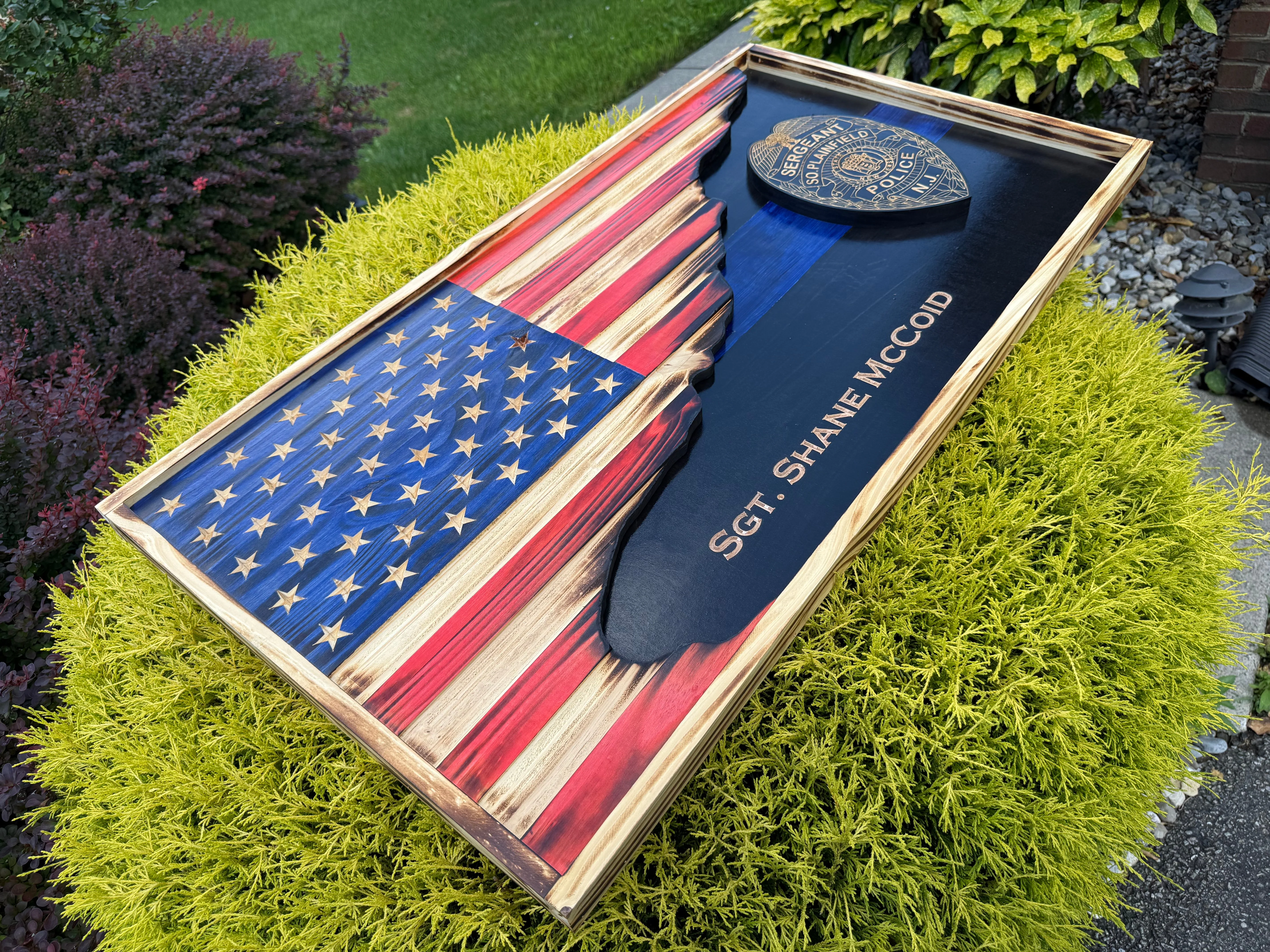 Custom Thin Line American Flag with Badge | 3D Carved First Responder Wall Art - Image 6