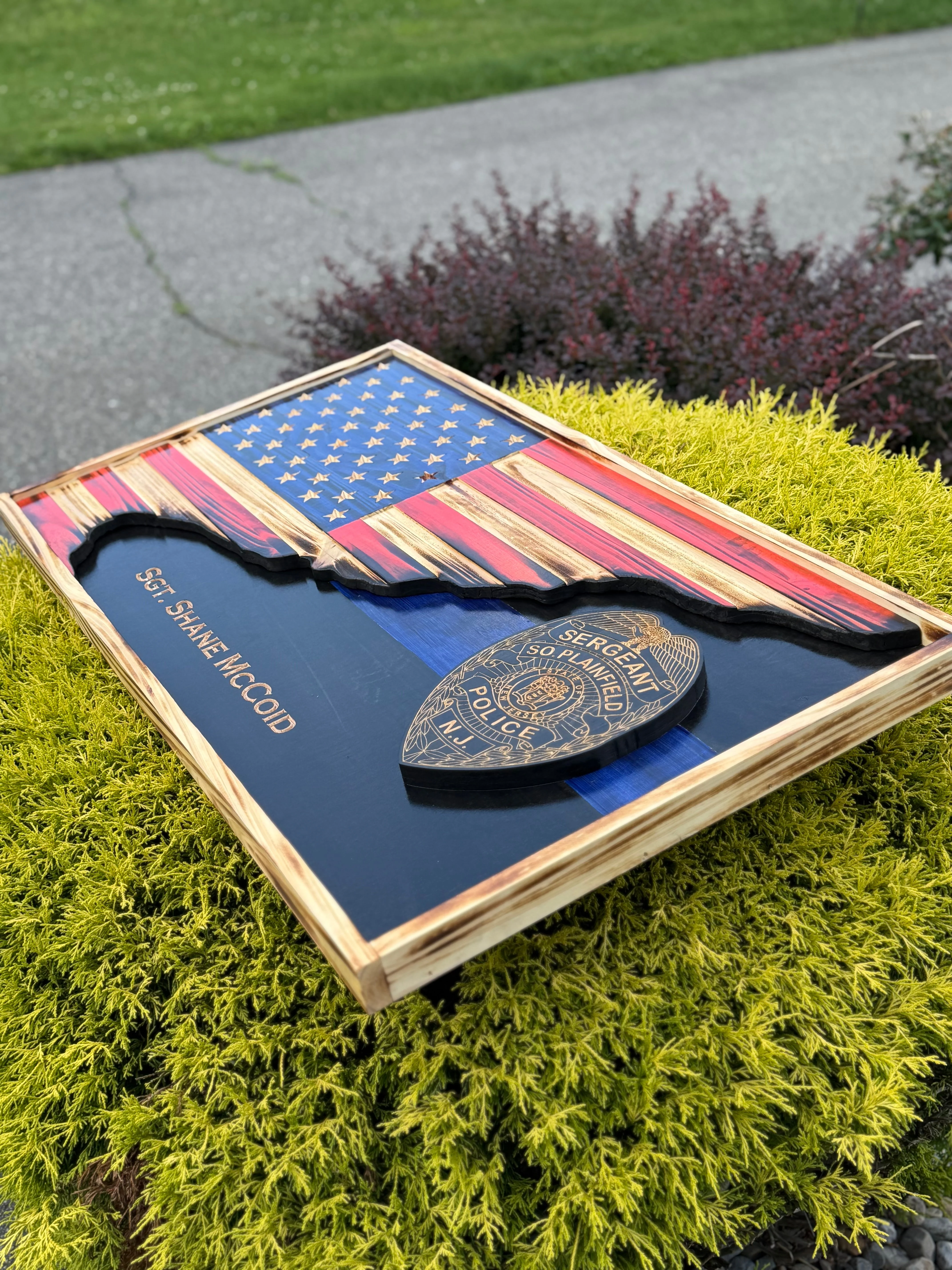 Custom Thin Line American Flag with Badge | 3D Carved First Responder Wall Art - Image 7