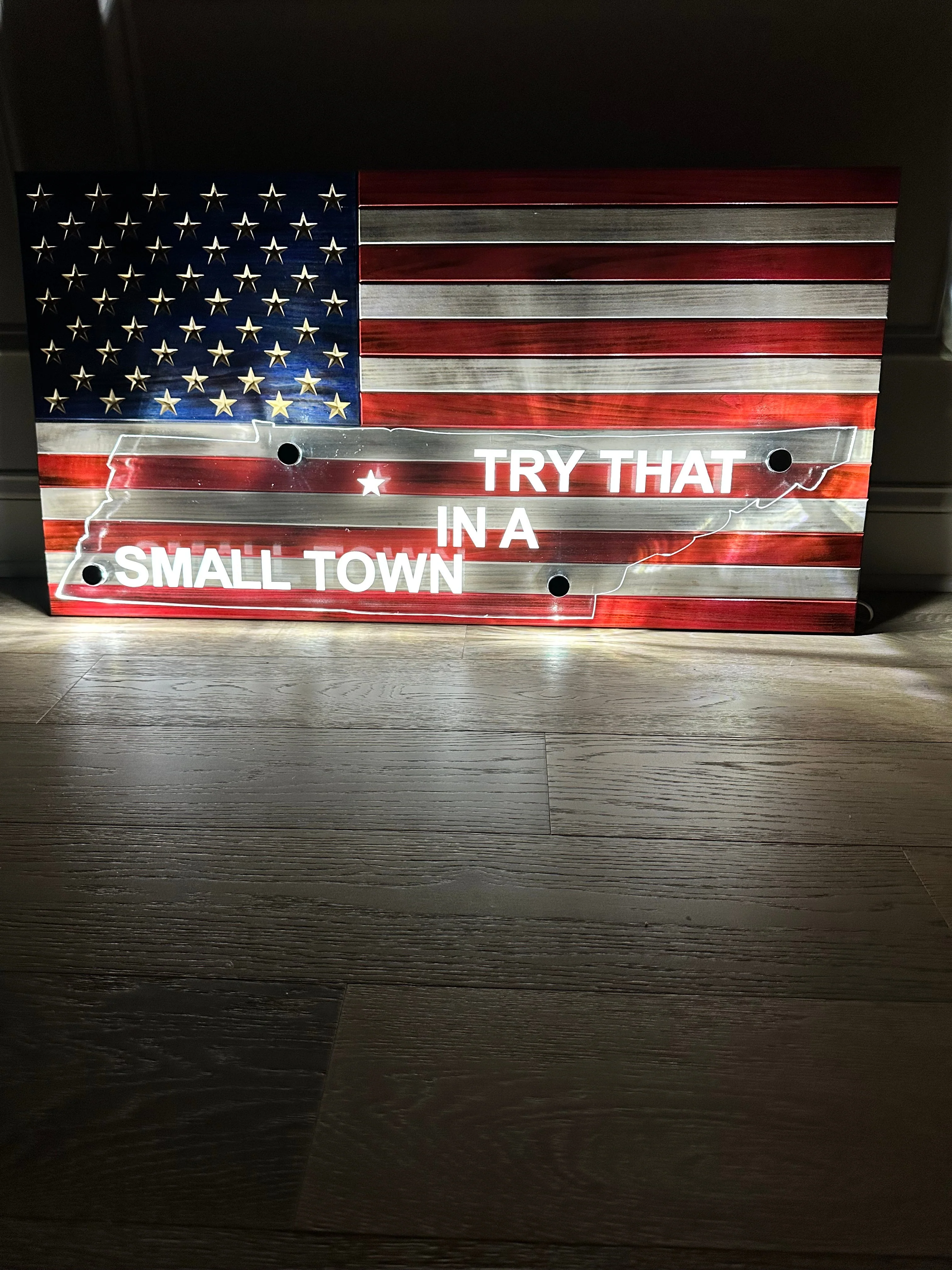 Custom Wooden American Flag with Acrylic State Cutout and LED Lighting - Image 2