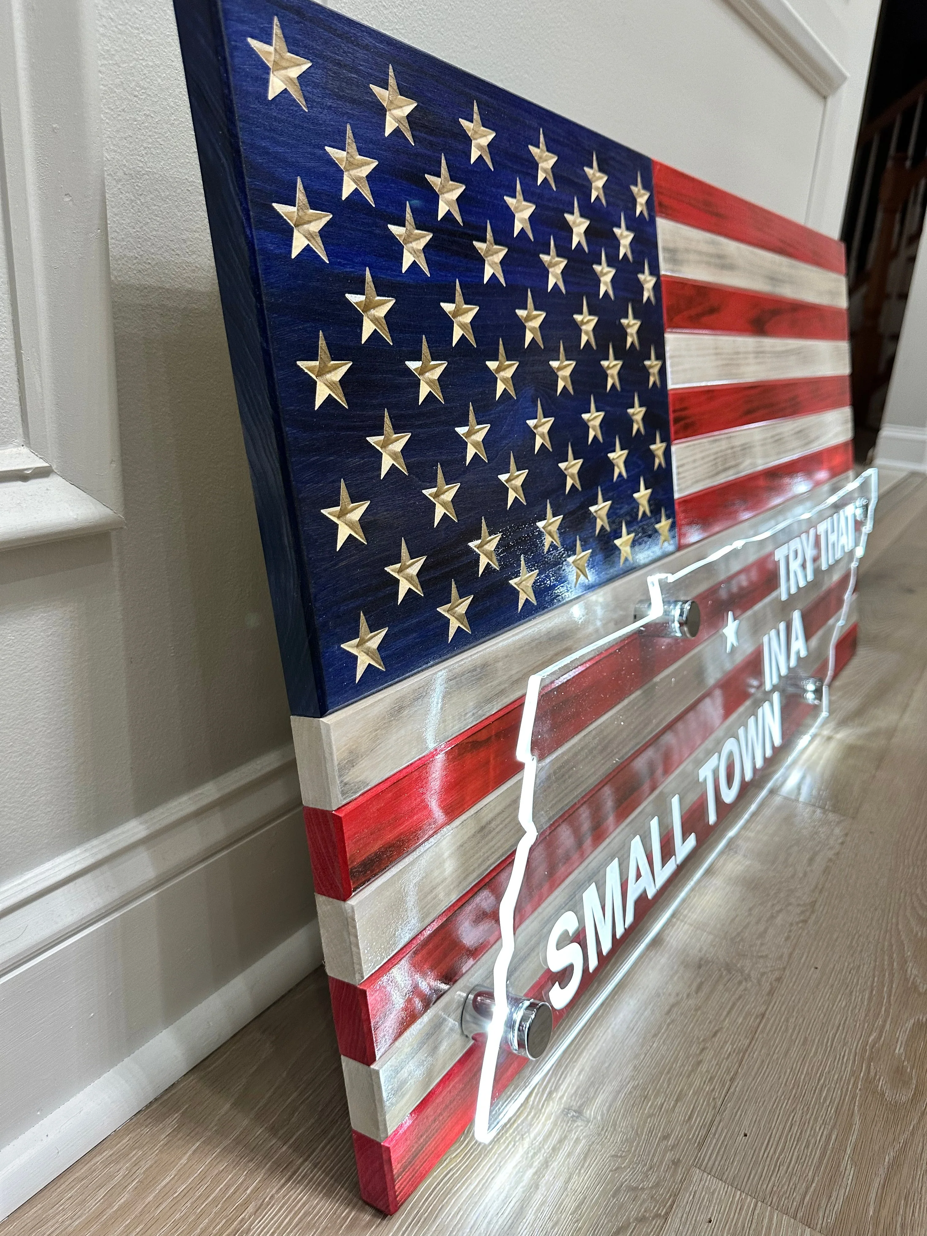 Custom Wooden American Flag with Acrylic State Cutout and LED Lighting - Image 3