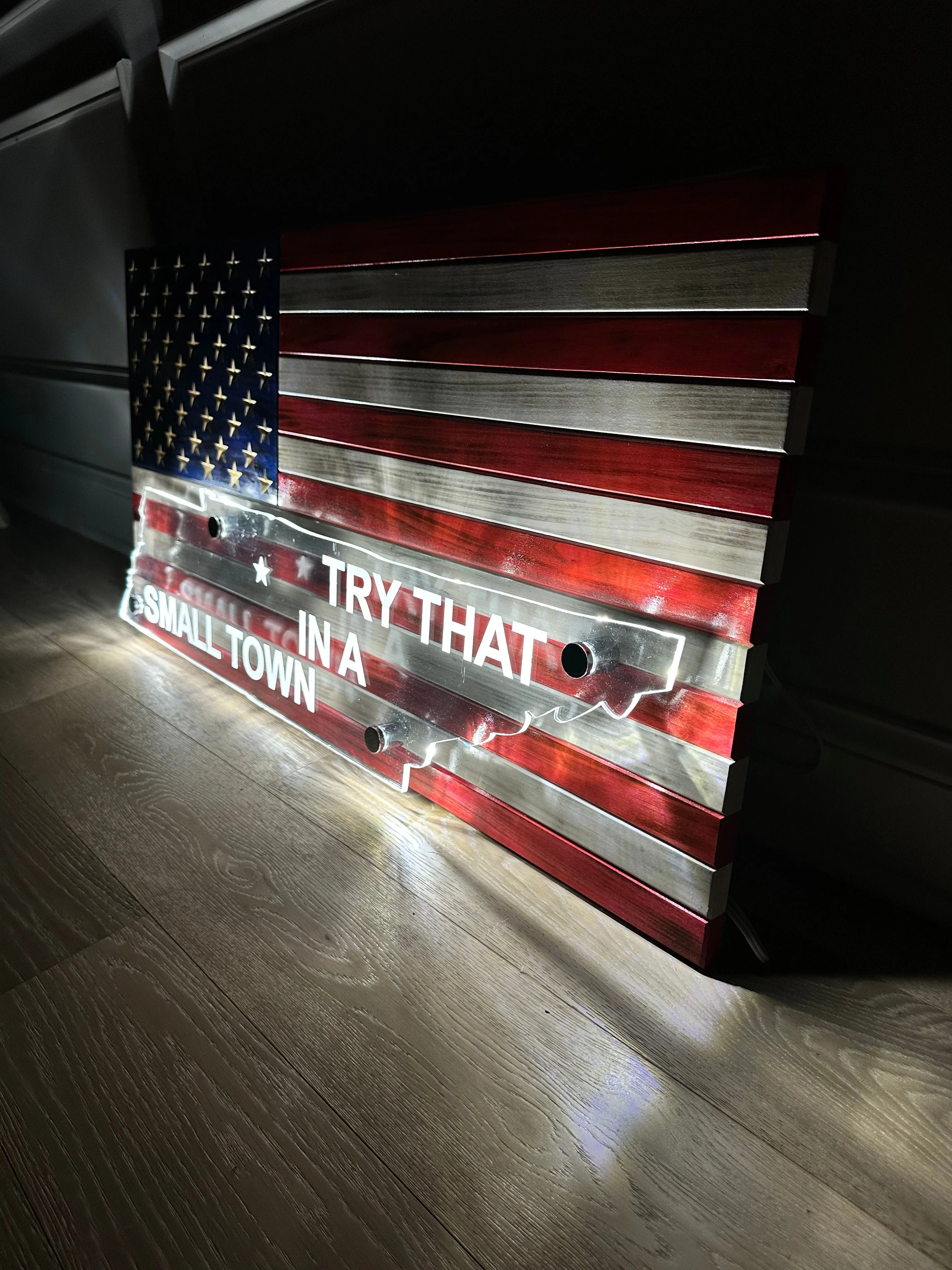 Custom Wooden American Flag with Acrylic State Cutout and LED Lighting - Image 4