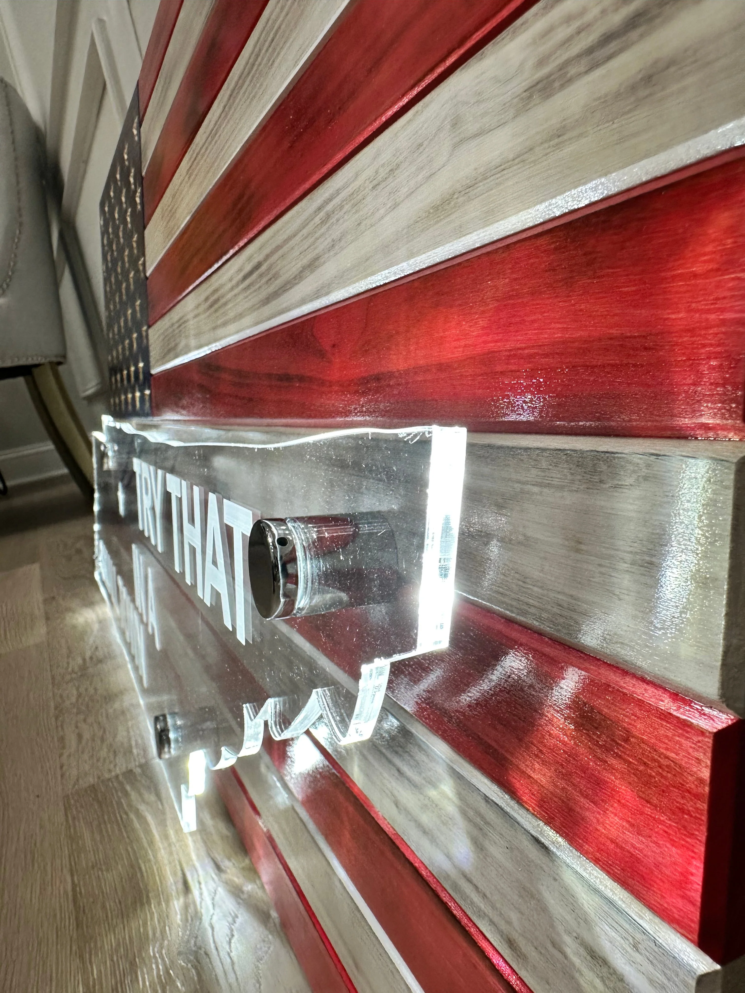 Custom Wooden American Flag with Acrylic State Cutout and LED Lighting - Image 5