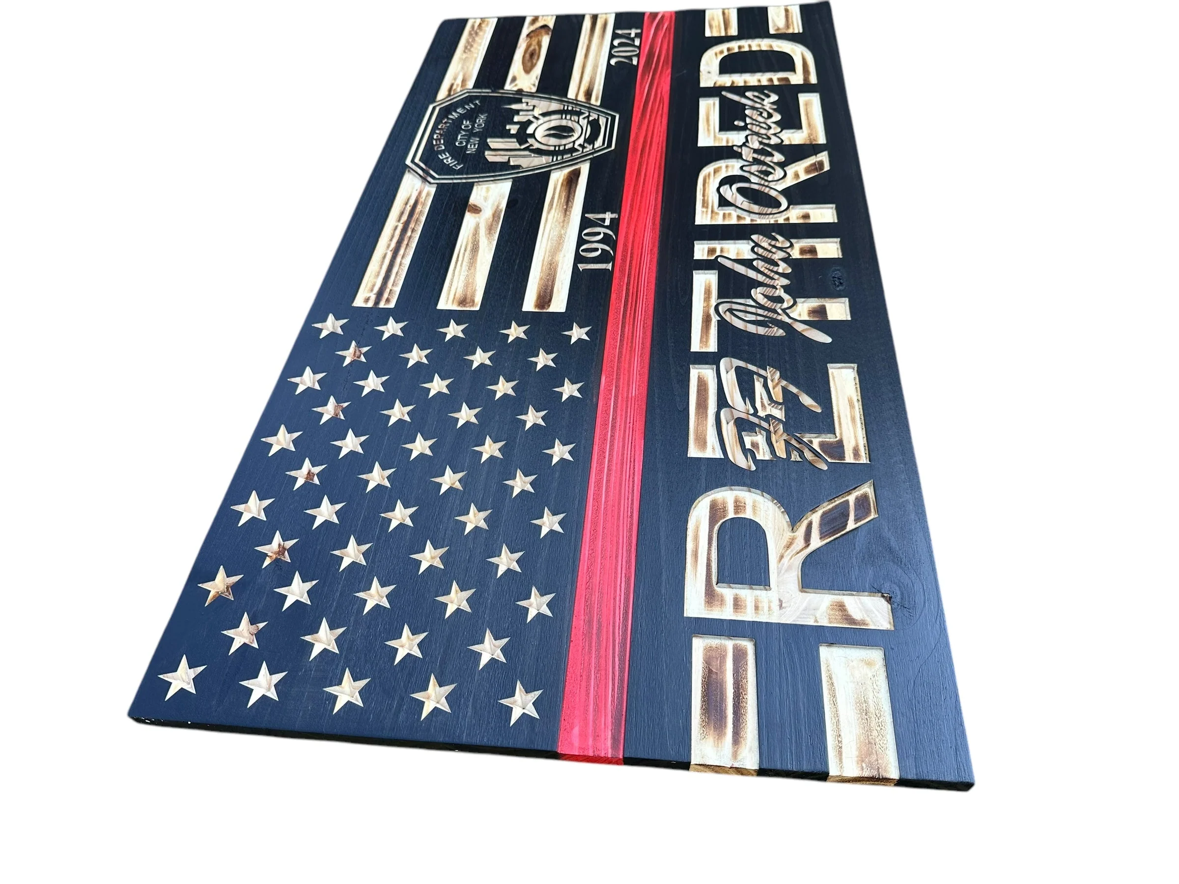 Custom Wooden Retirement American Flag with Personalized Engraving and Badges - Image 11