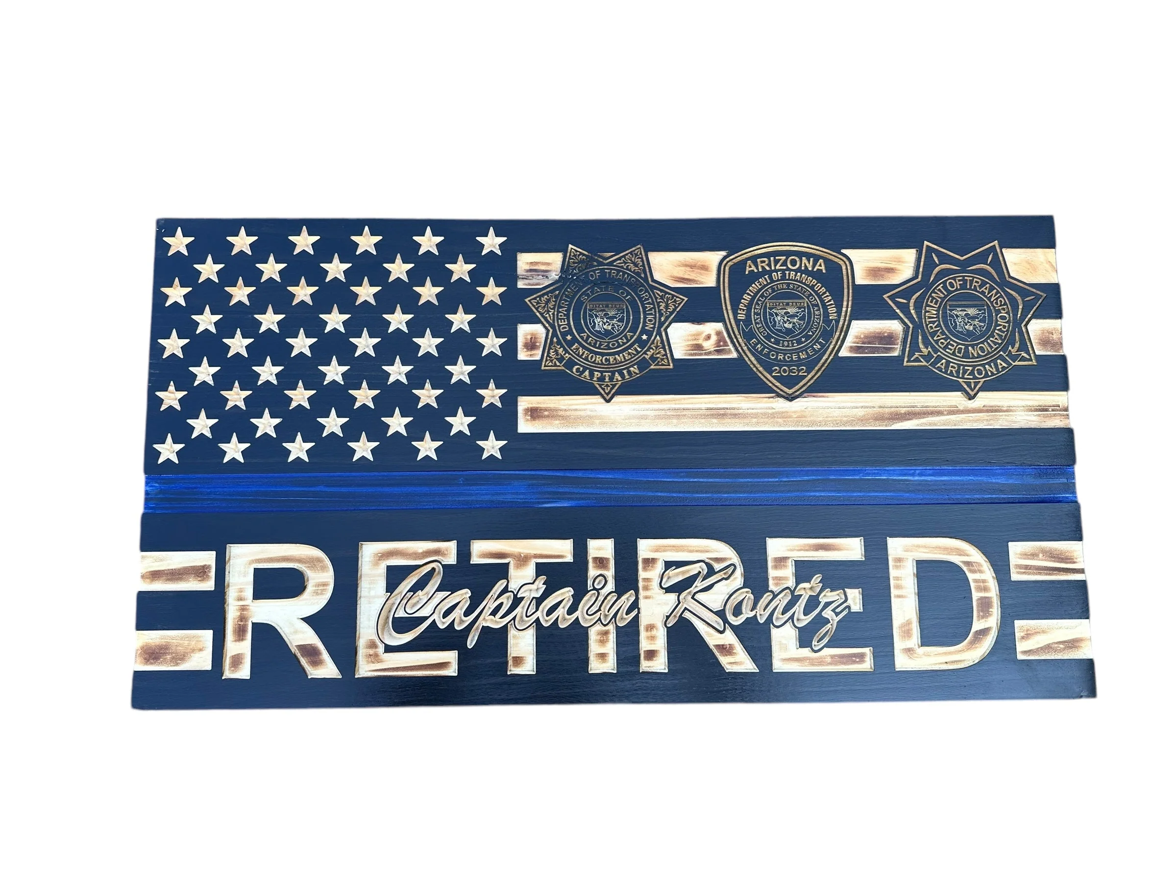 Custom Wooden Retirement American Flag with Personalized Engraving and Badges - Image 12
