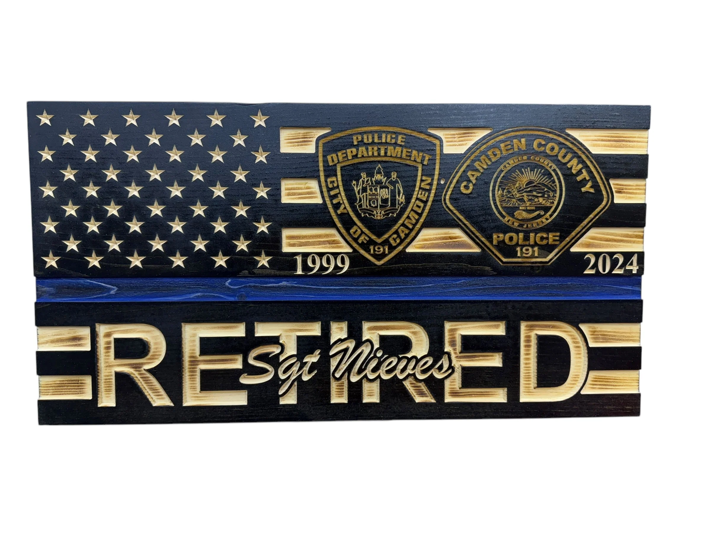 Custom Wooden Retirement American Flag with Personalized Engraving and Badges - Image 13