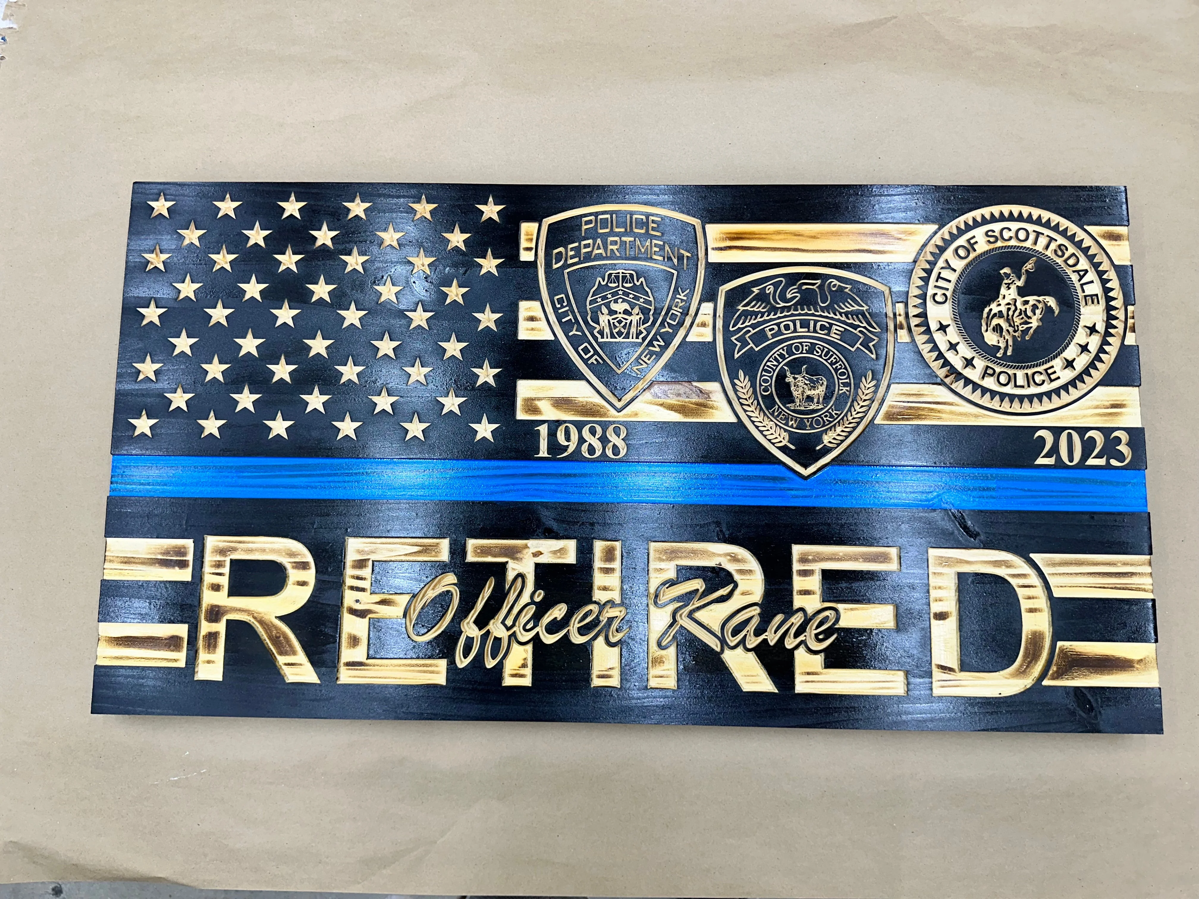Custom Wooden Retirement American Flag with Personalized Engraving and Badges - Image 15
