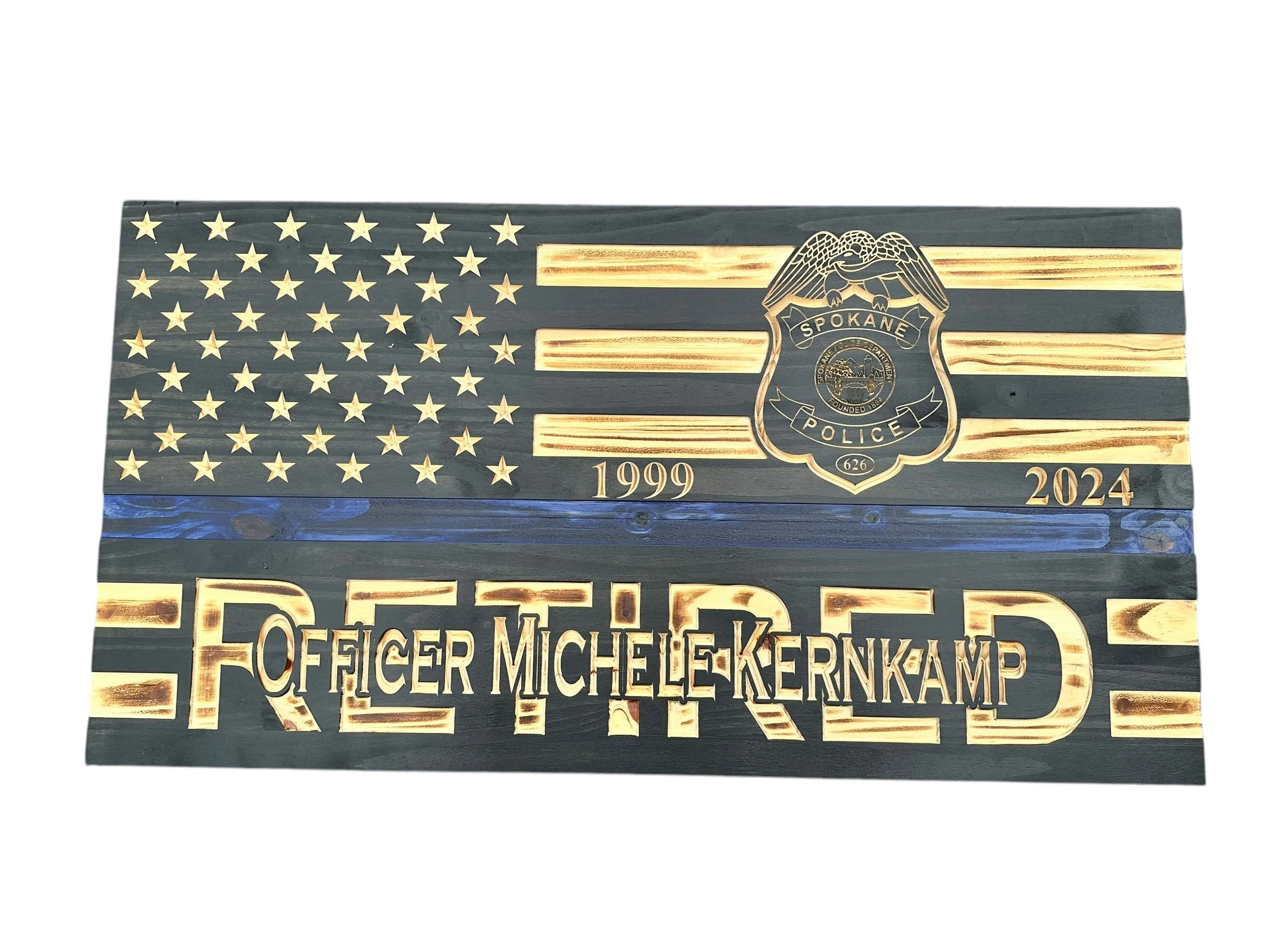 Custom Wooden Retirement American Flag with Personalized Engraving and Badges - Image 2