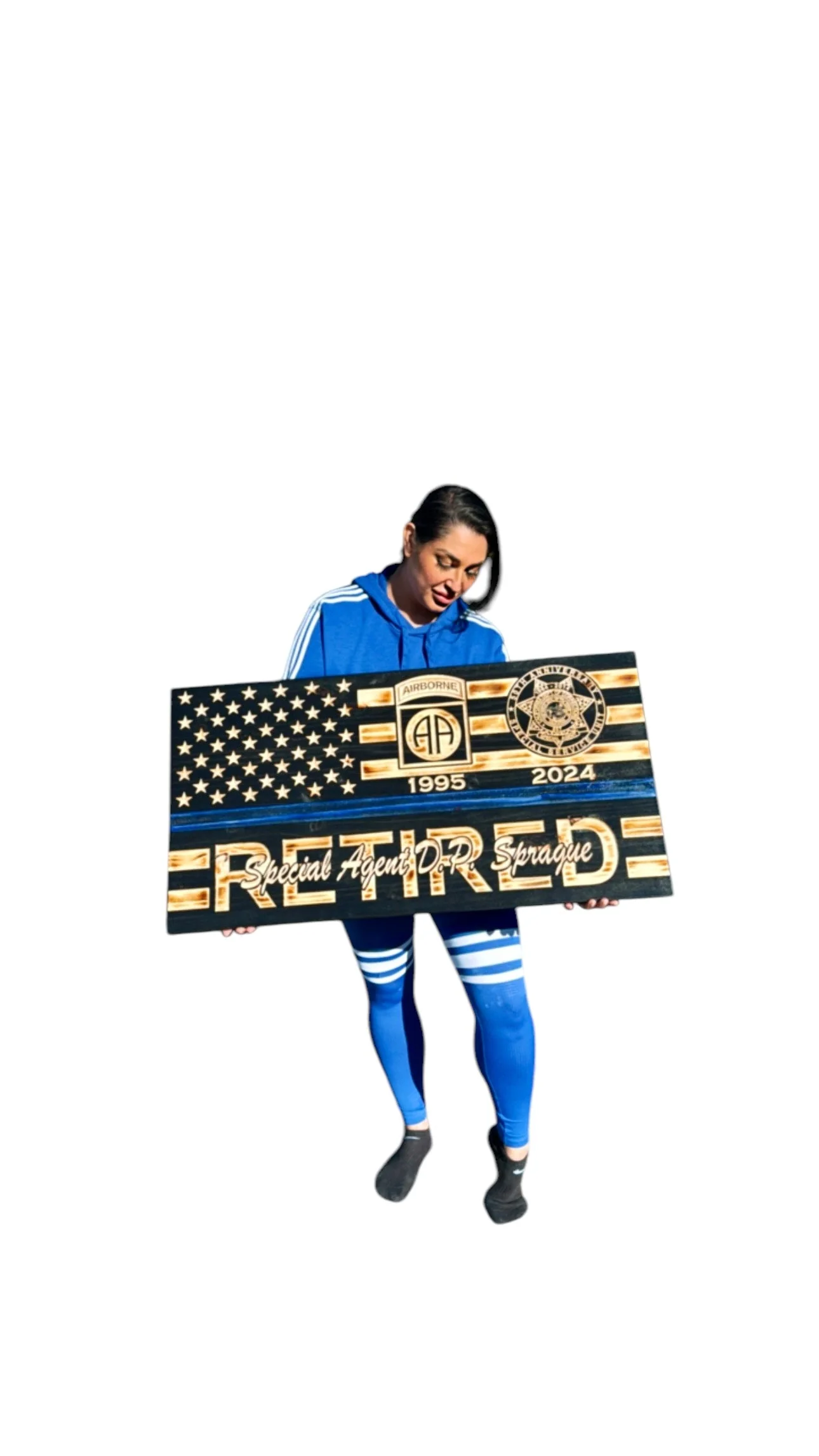 Custom Wooden Retirement American Flag with Personalized Engraving and Badges - Image 3
