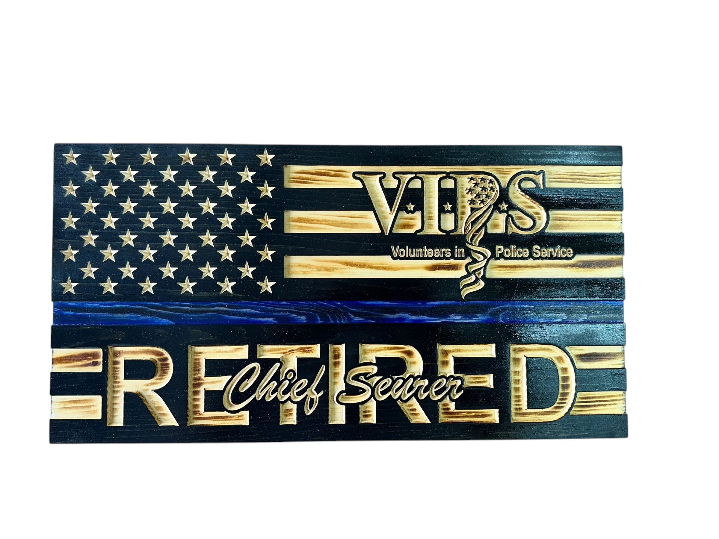 Custom Wooden Retirement American Flag with Personalized Engraving and Badges - Image 4