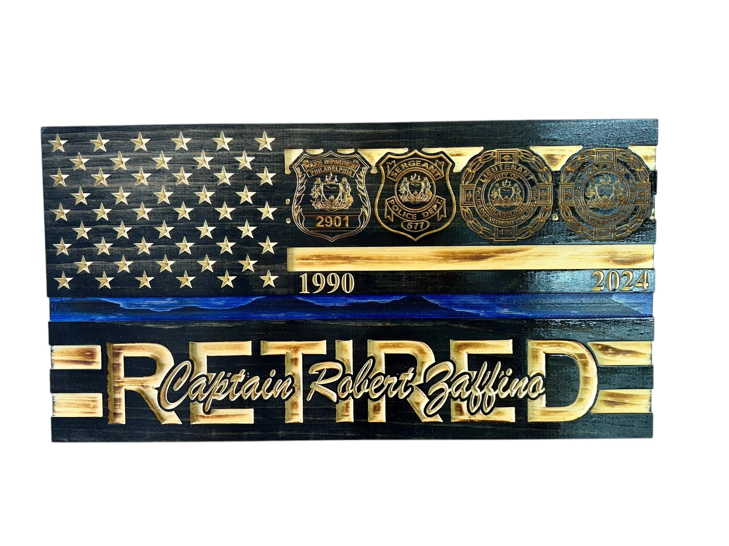 Custom Wooden Retirement American Flag with Personalized Engraving and Badges - Image 5