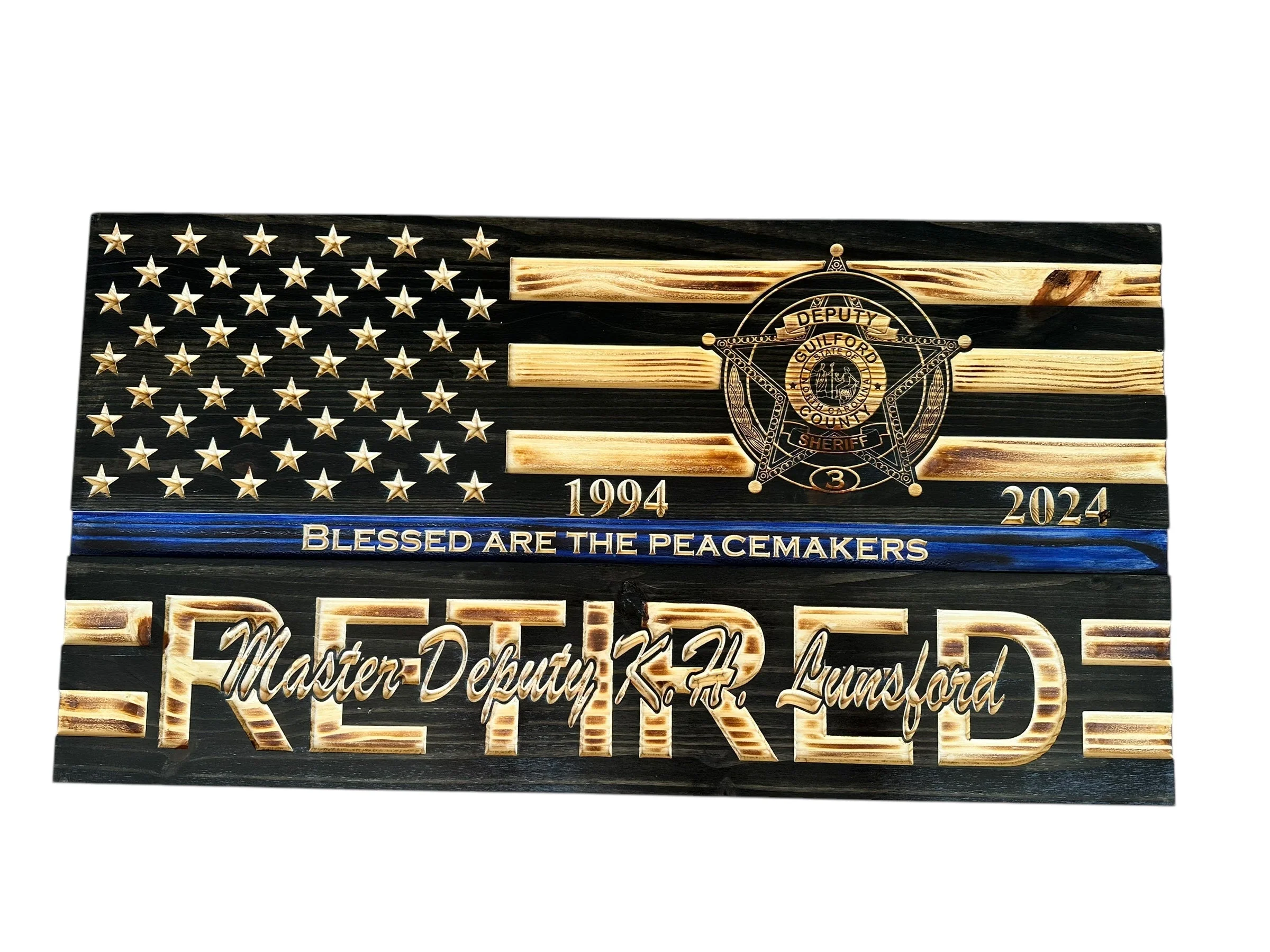 Custom Wooden Retirement American Flag with Personalized Engraving and Badges - Image 6