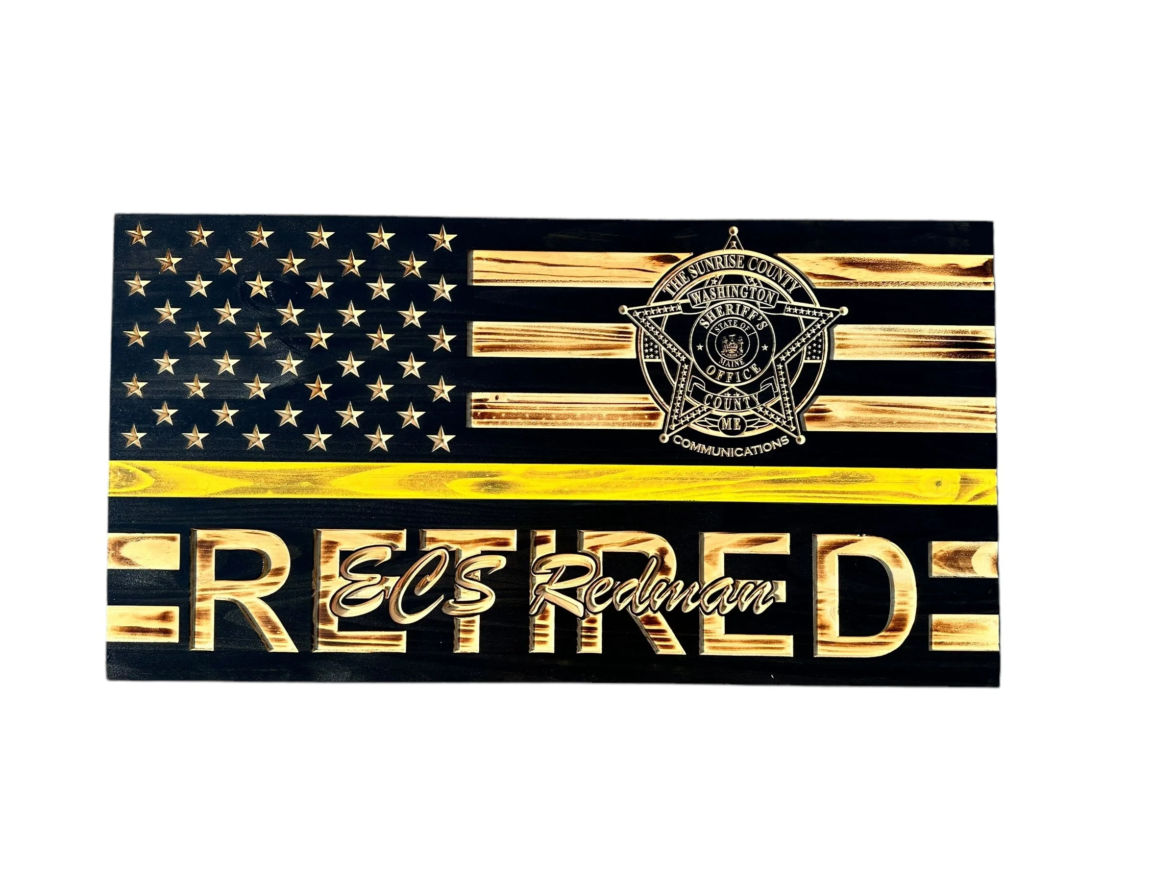 Custom Wooden Retirement American Flag with Personalized Engraving and Badges - Image 7