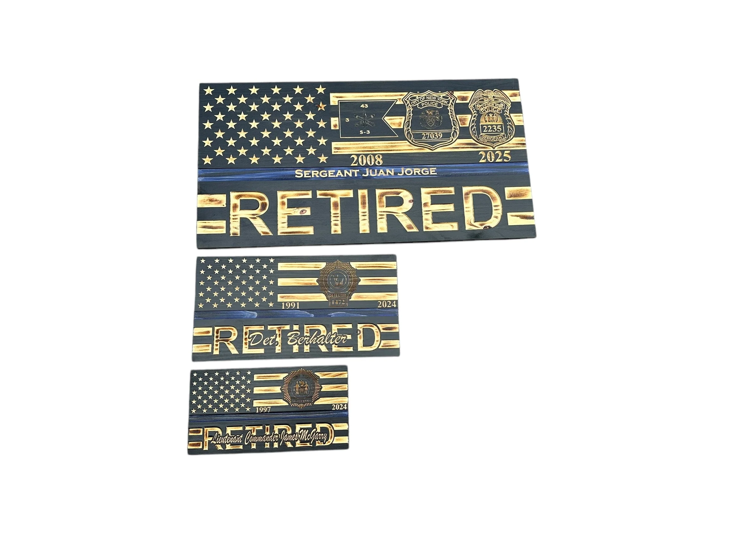 Custom Wooden Retirement American Flag with Personalized Engraving and Badges - Image 8