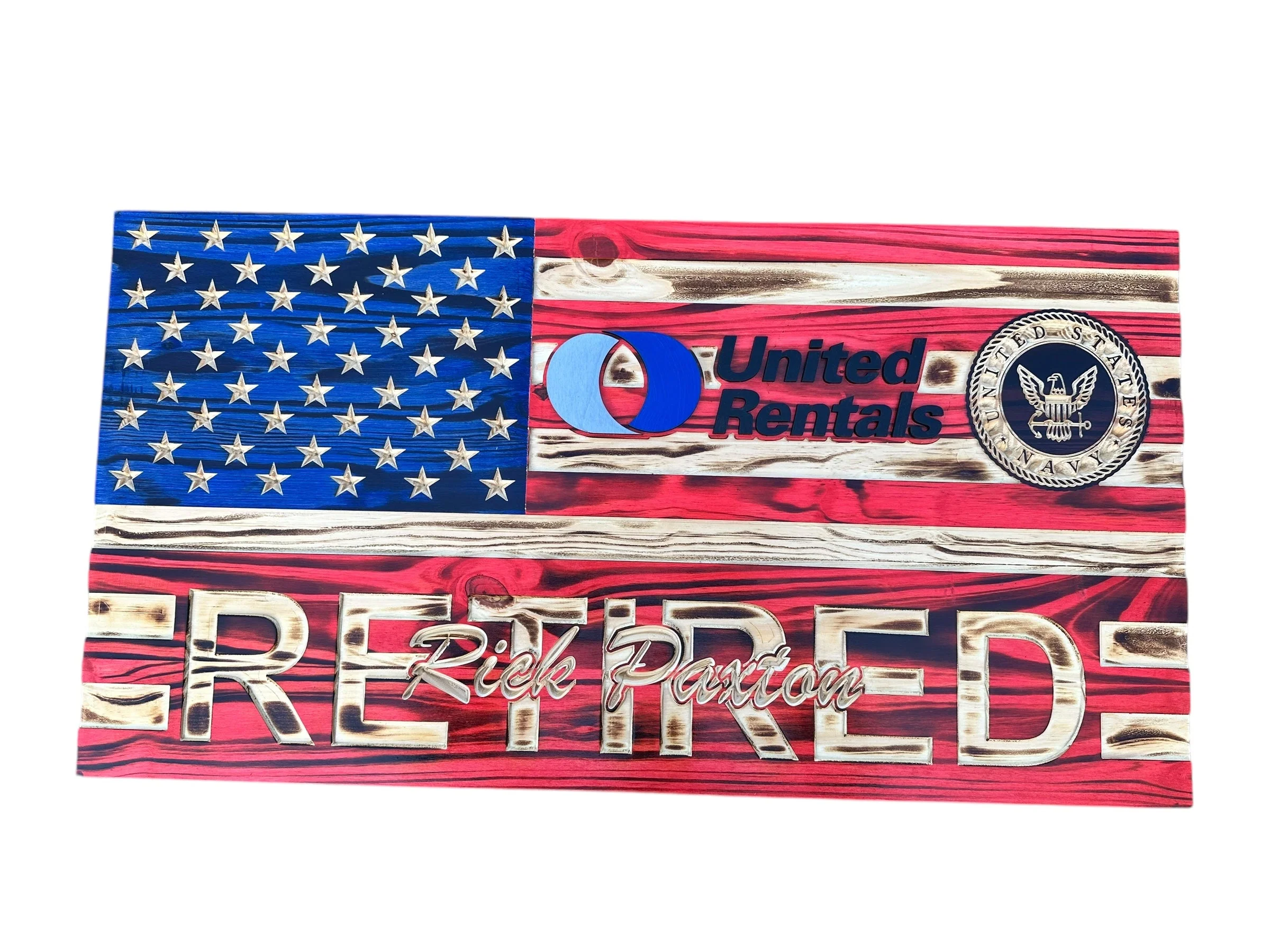 Custom Wooden Retirement American Flag with Personalized Engraving and Badges - Image 9