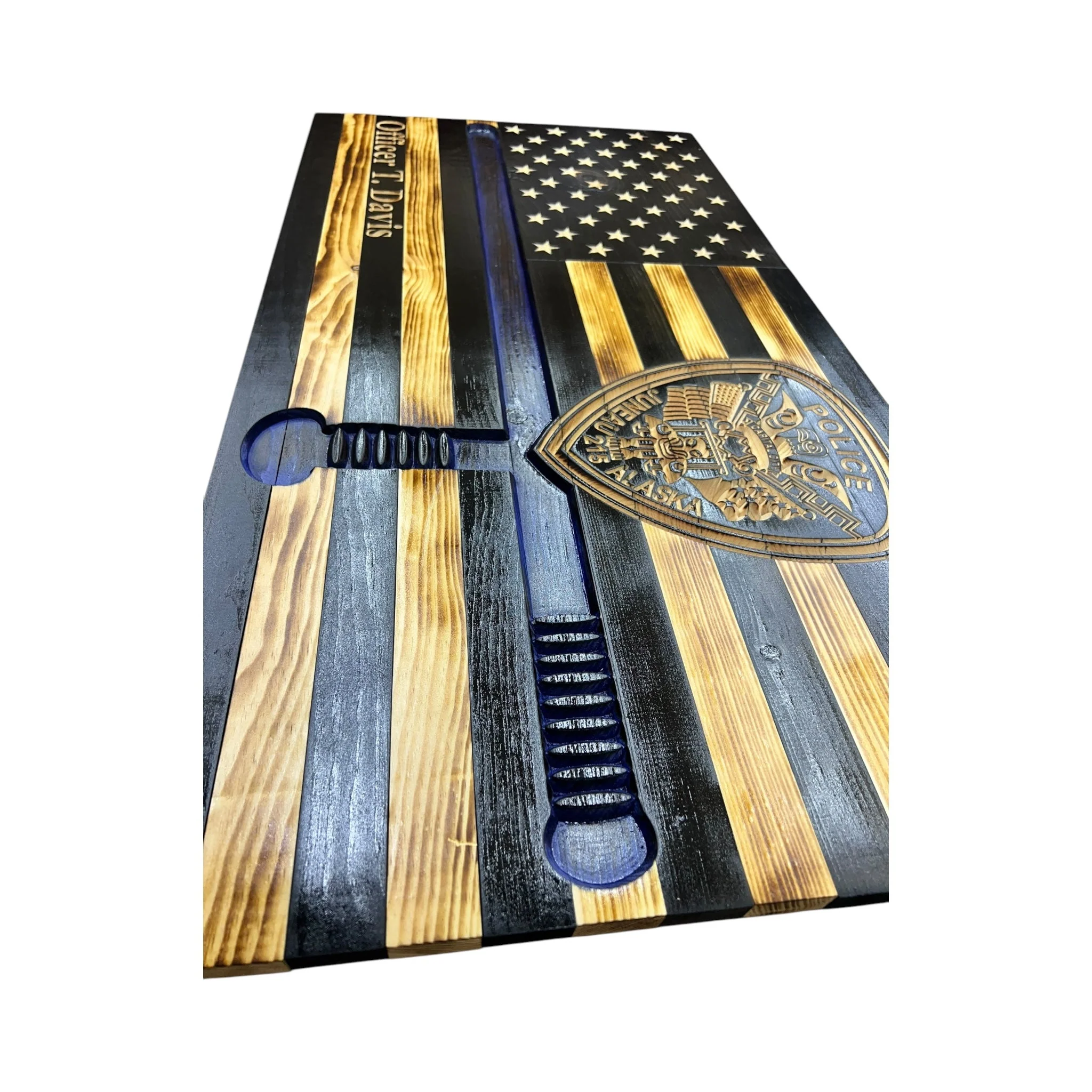Custom Wooden Thin Blue Line Flag with Police Baton and Engraved Badge - Image 10