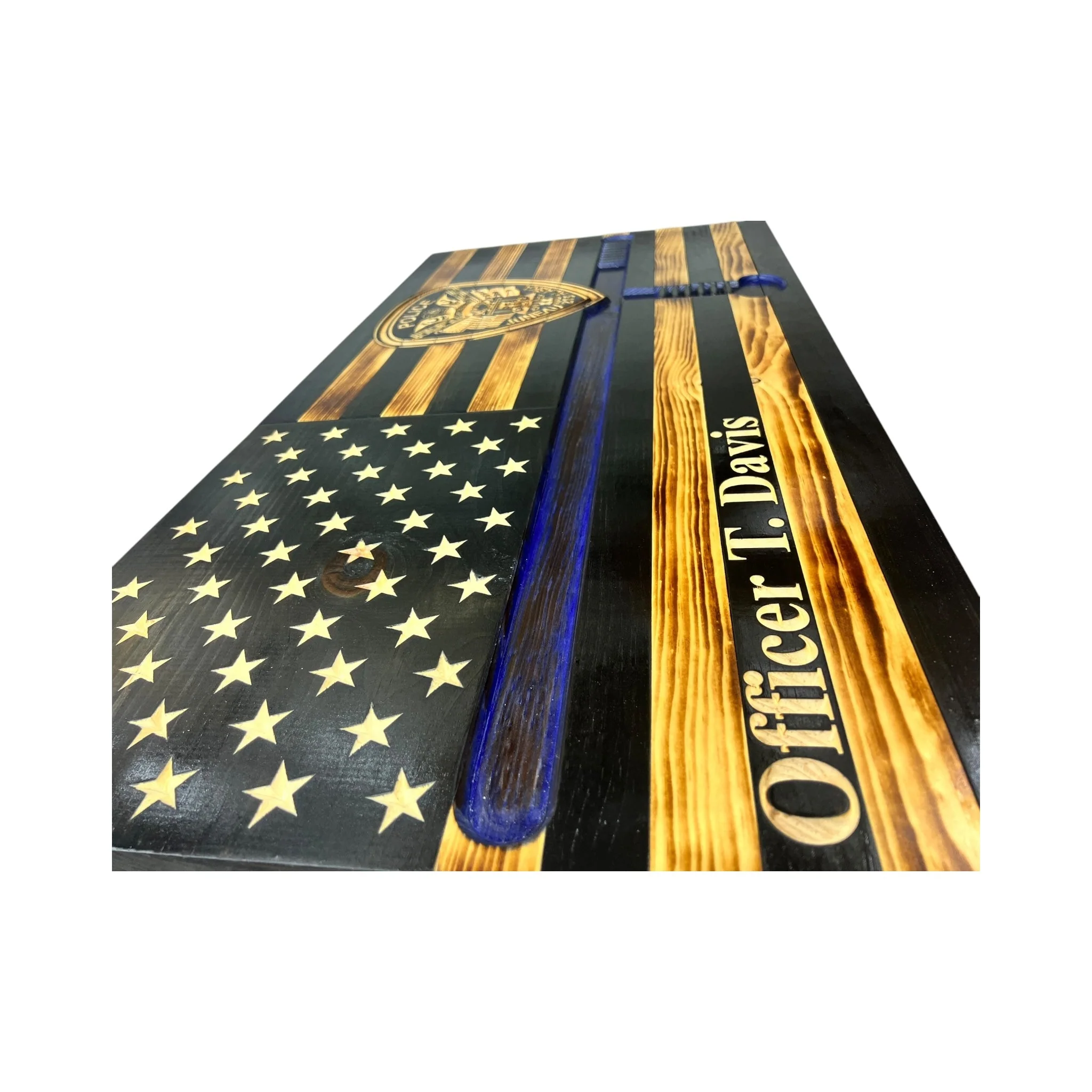 Custom Wooden Thin Blue Line Flag with Police Baton and Engraved Badge - Image 11
