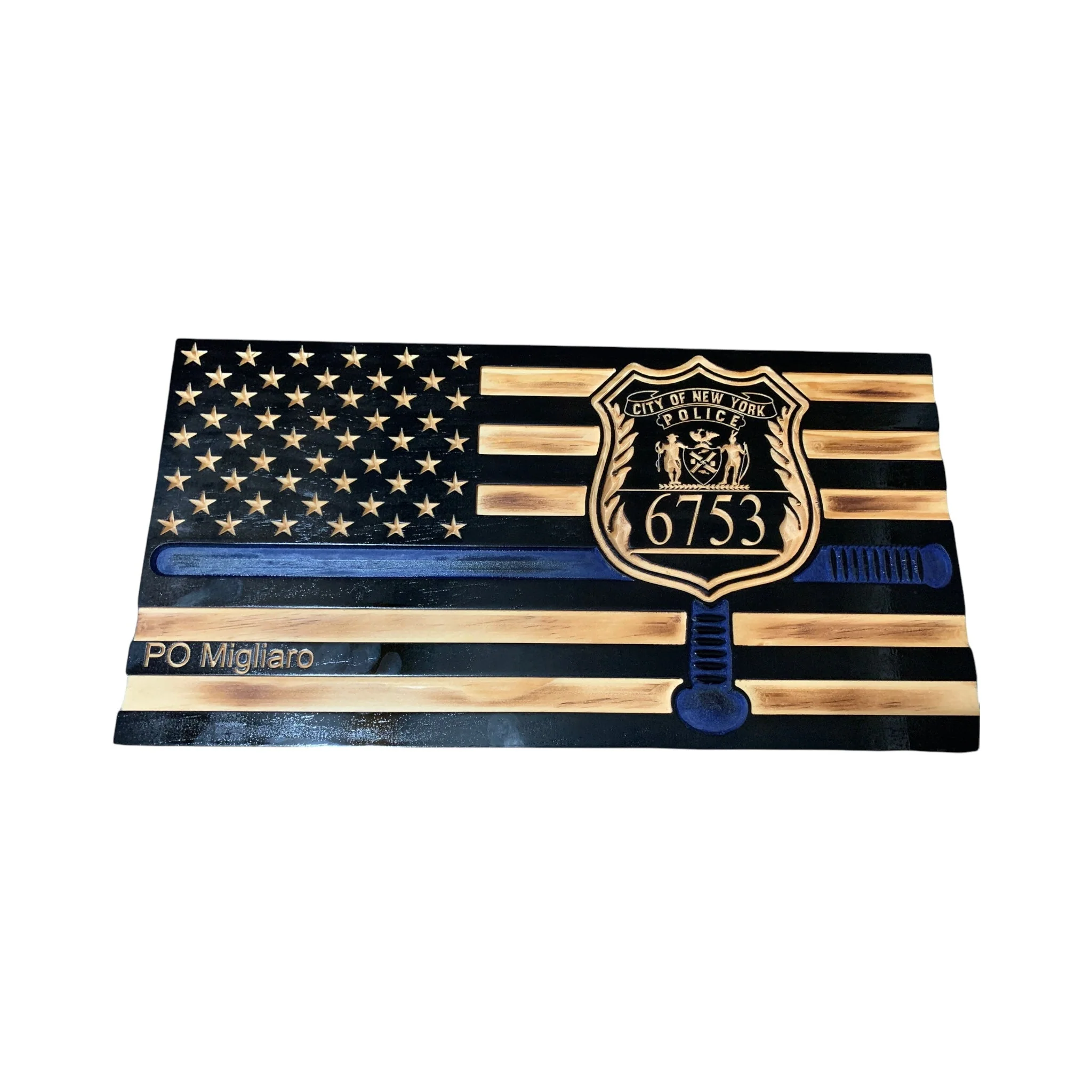 Custom Wooden Thin Blue Line Flag with Police Baton and Engraved Badge - Image 2