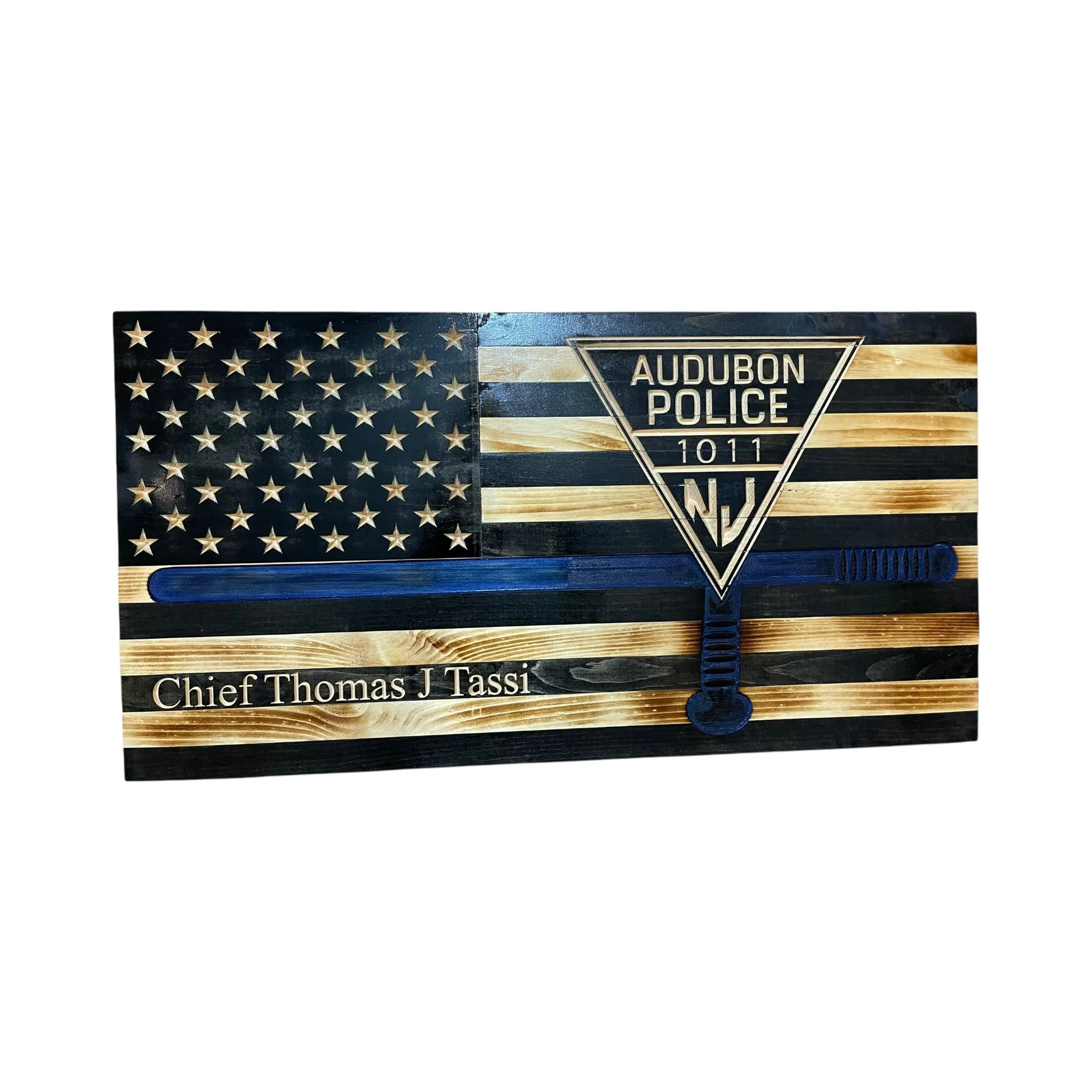 Custom Wooden Thin Blue Line Flag with Police Baton and Engraved Badge - Image 3