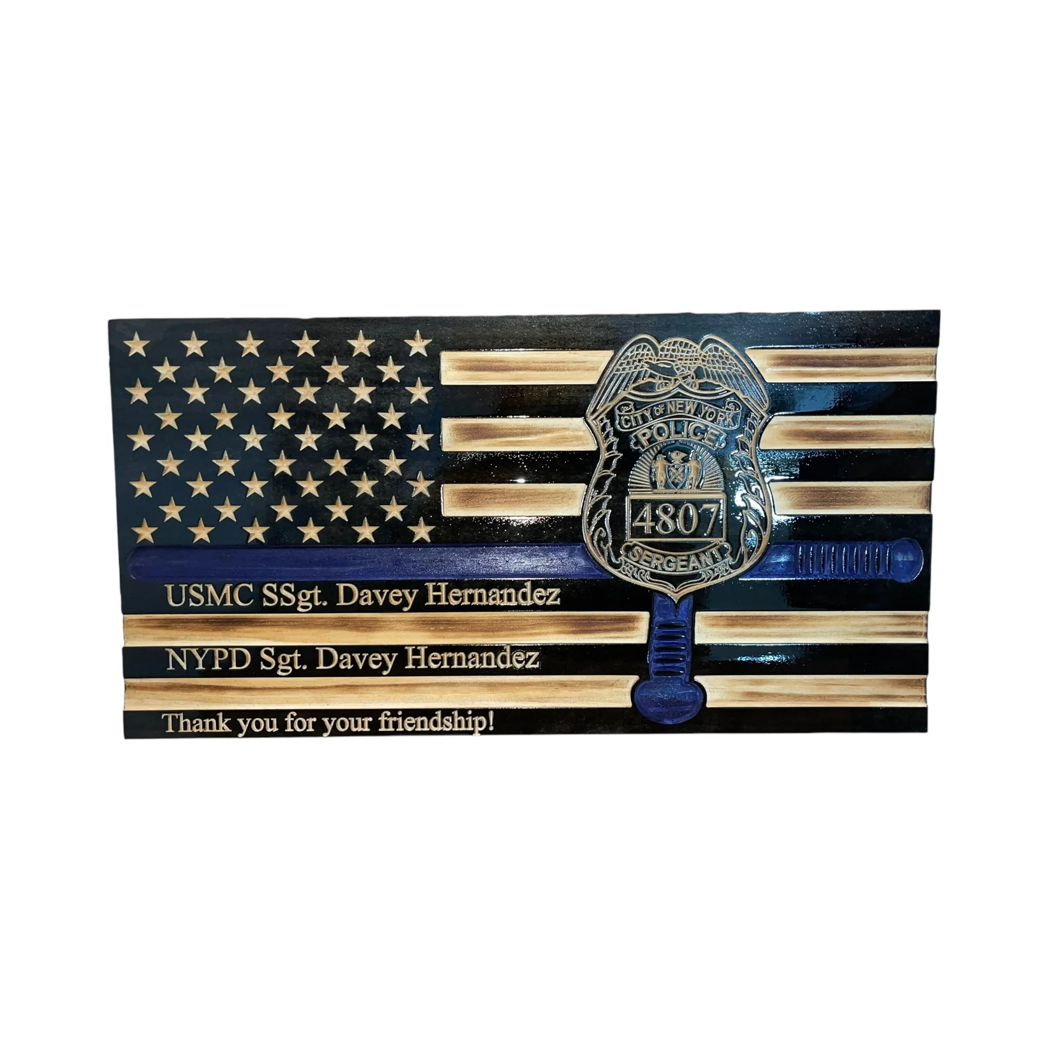 Custom Wooden Thin Blue Line Flag with Police Baton and Engraved Badge - Image 4