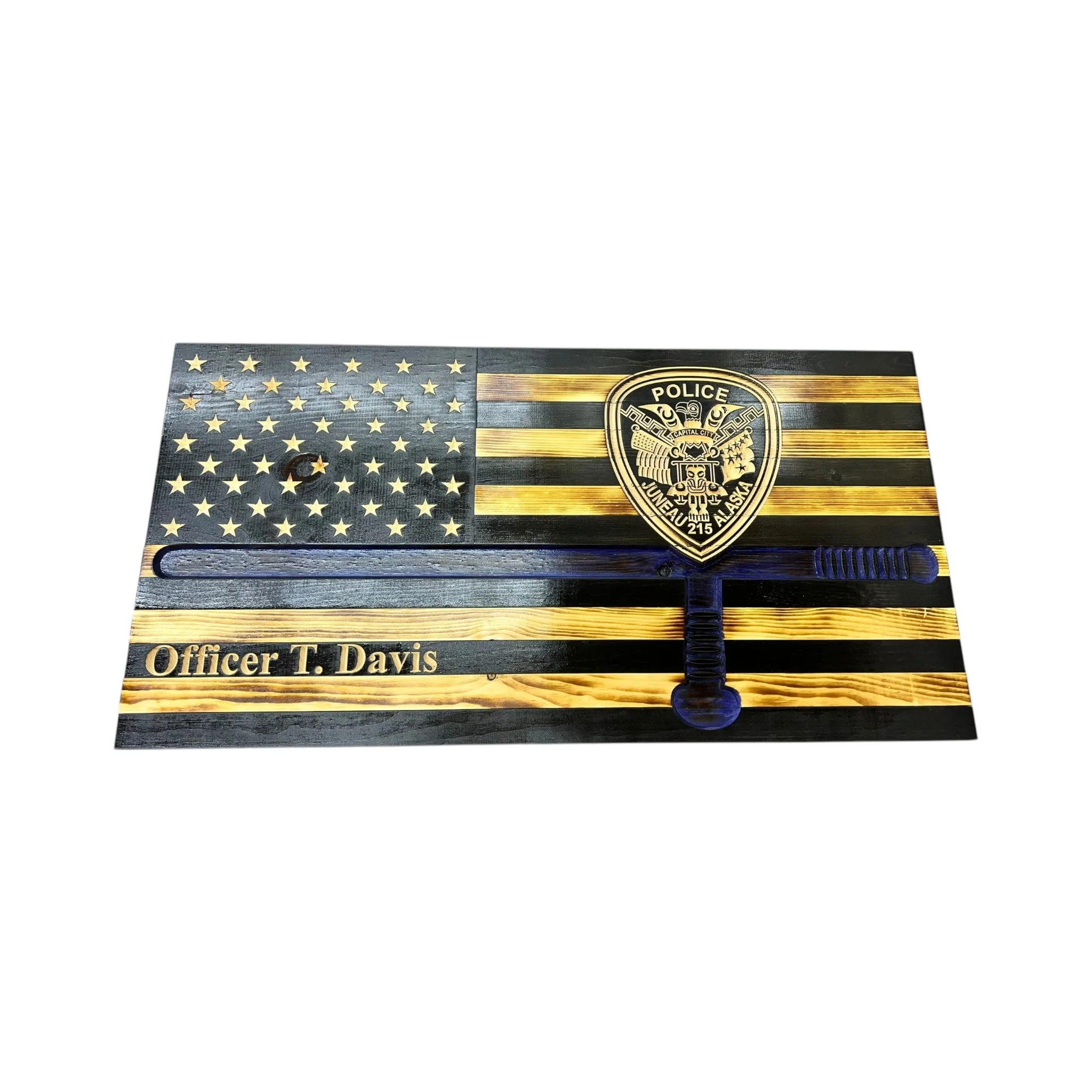 Custom Wooden Thin Blue Line Flag with Police Baton and Engraved Badge - Image 5
