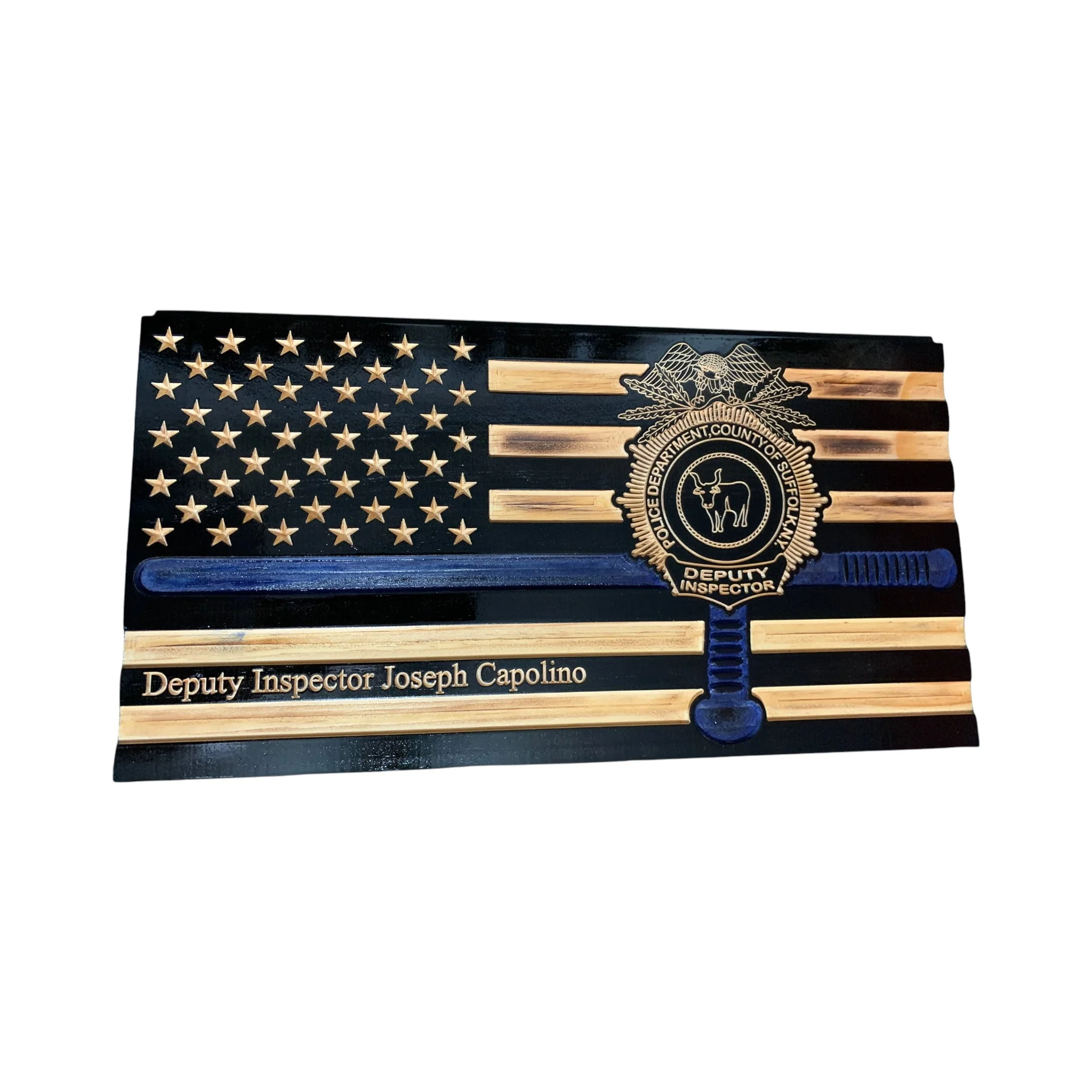 Custom Wooden Thin Blue Line Flag with Police Baton and Engraved Badge - Image 6