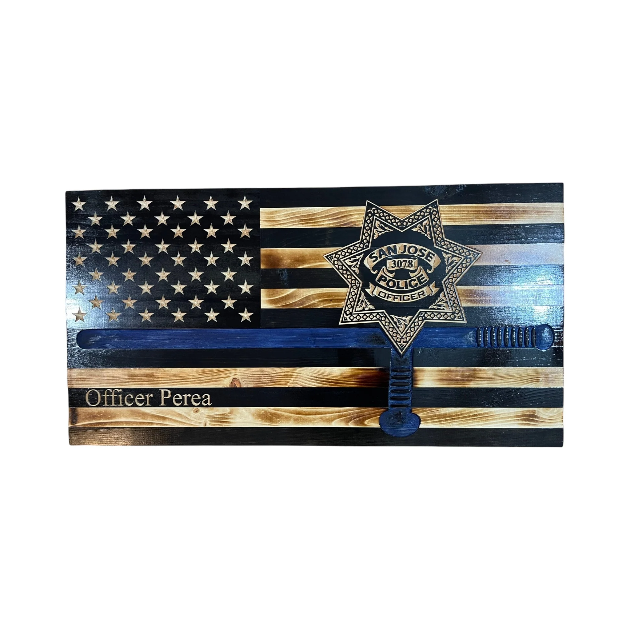 Custom Wooden Thin Blue Line Flag with Police Baton and Engraved Badge - Image 7