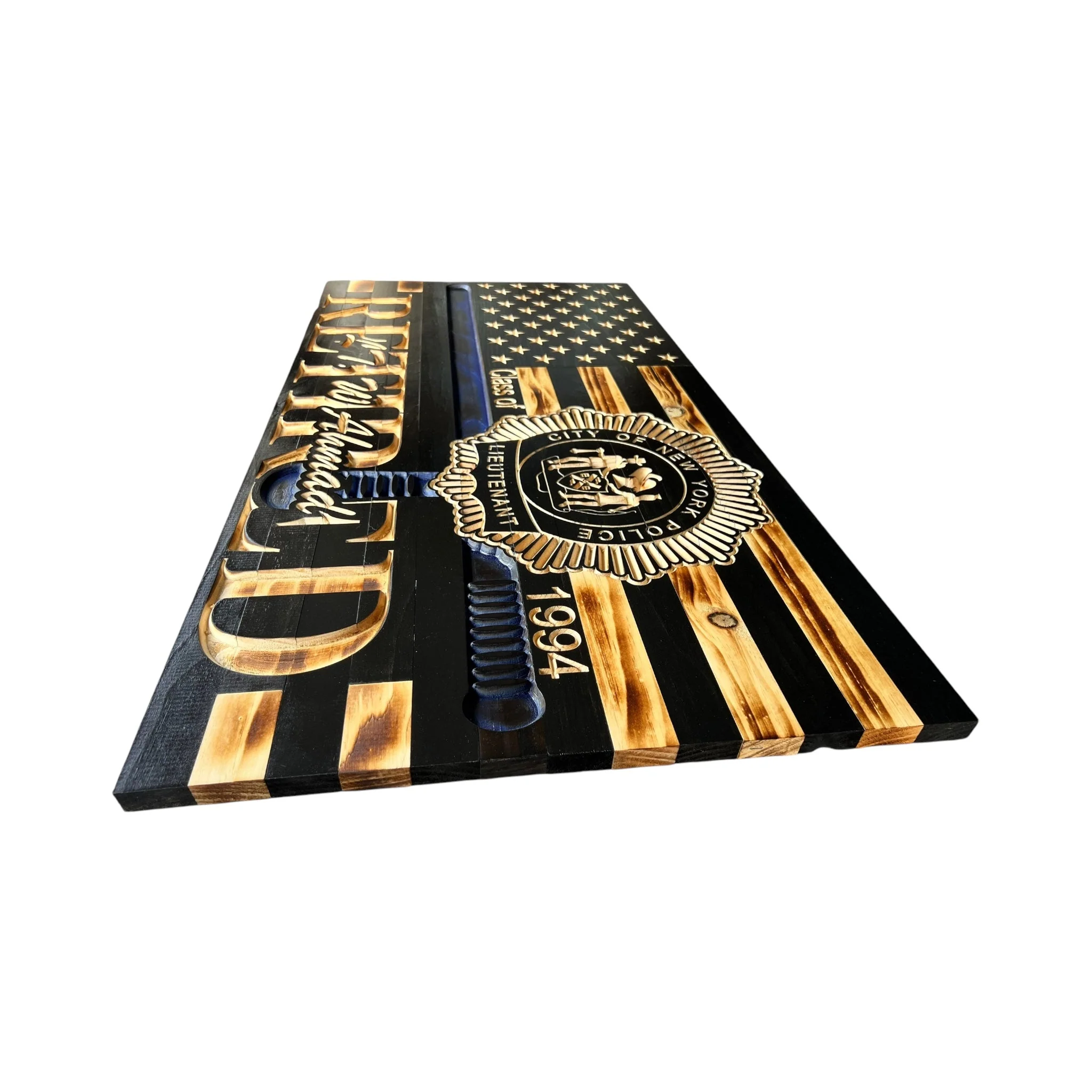Custom Wooden Thin Blue Line Flag with Police Baton and Engraved Badge - Image 8
