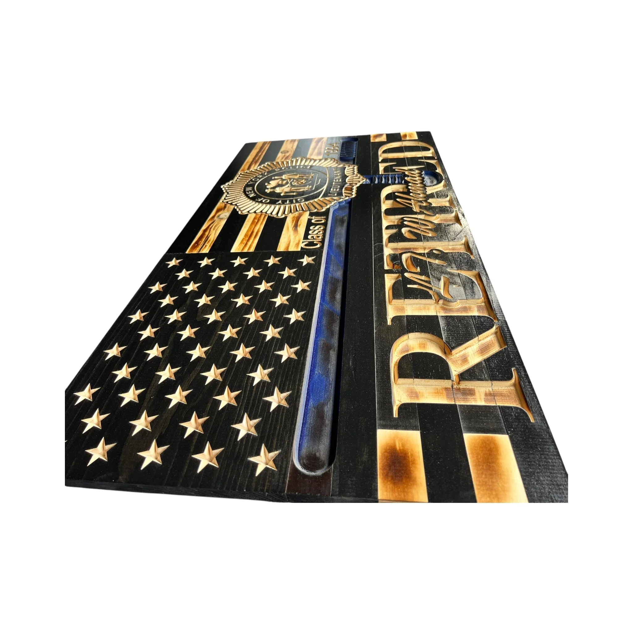 Custom Wooden Thin Blue Line Flag with Police Baton and Engraved Badge - Image 9