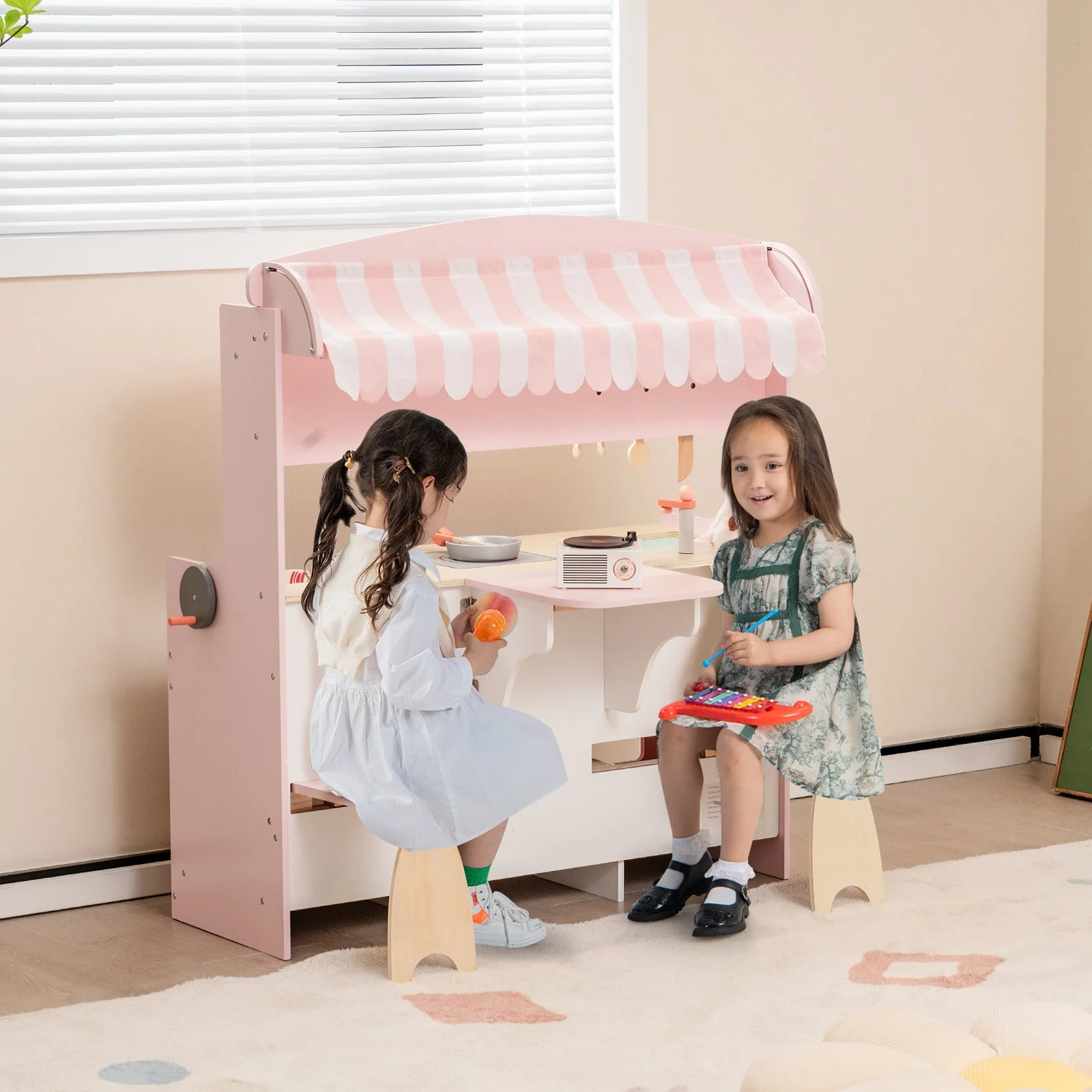 Double-Sided Kids Play Kitchen Set with Canopy and 2 Seats - Image 2