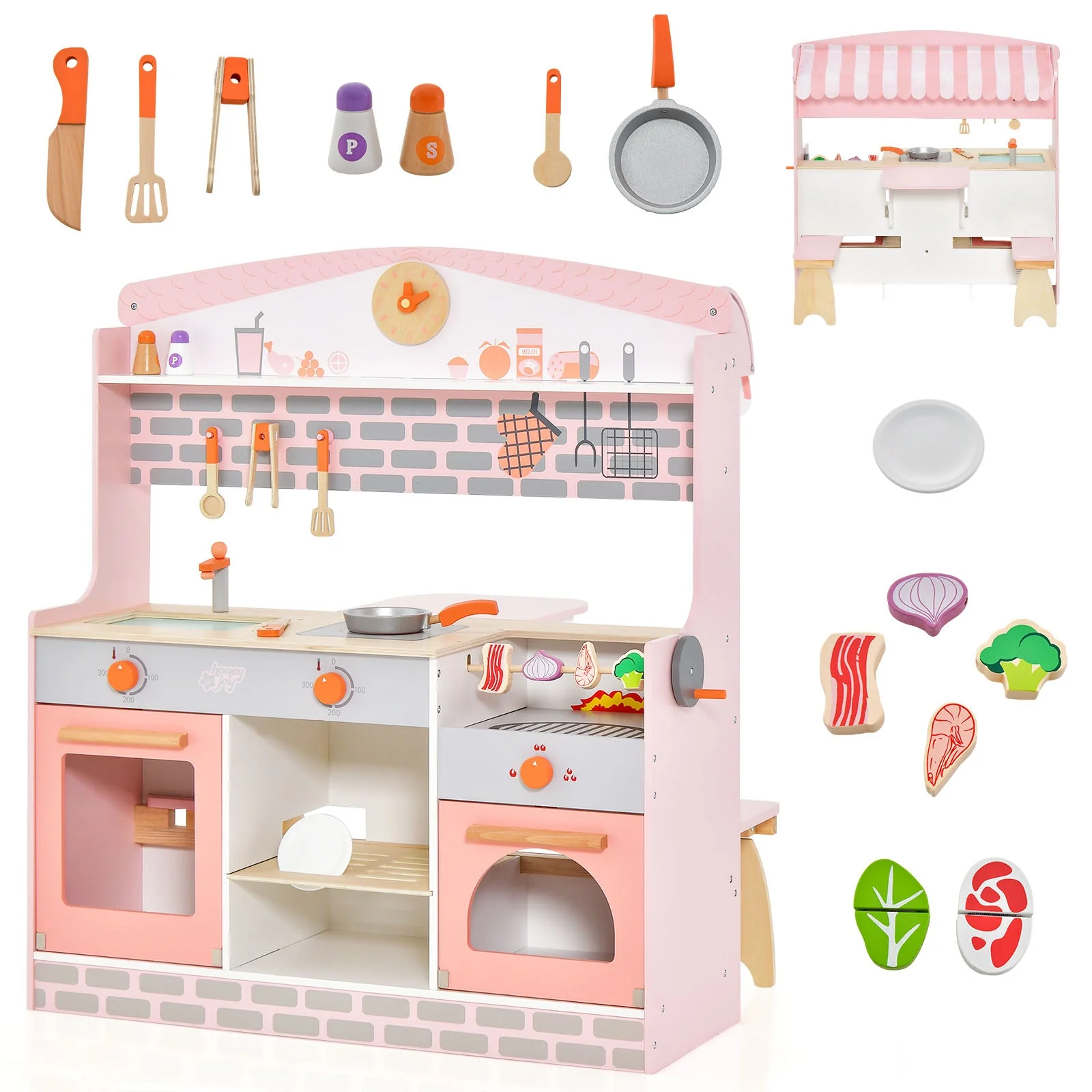 Double-Sided Kids Play Kitchen Set with Canopy and 2 Seats - Image 3