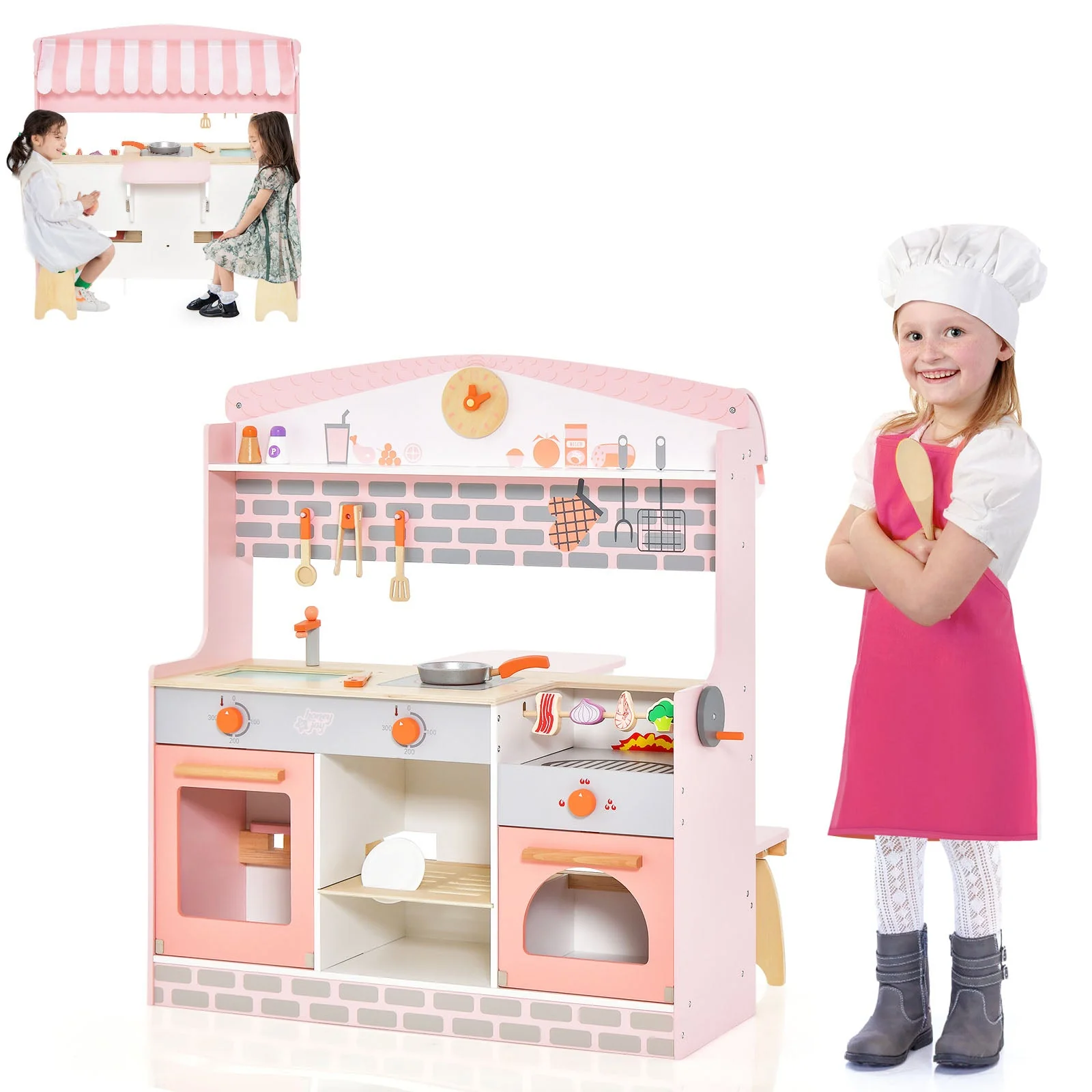 Double-Sided Kids Play Kitchen Set with Canopy and 2 Seats - Image 4