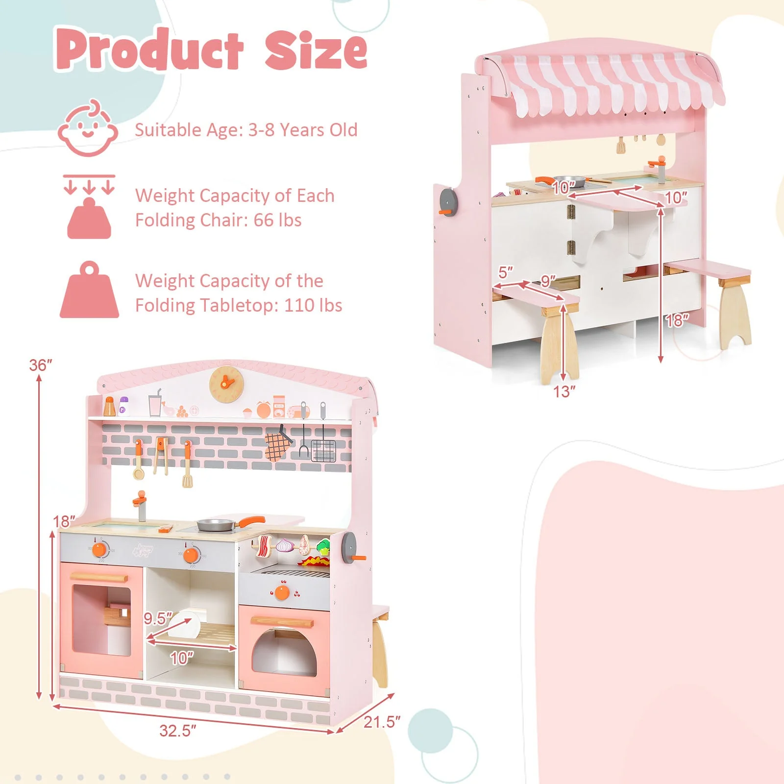 Double-Sided Kids Play Kitchen Set with Canopy and 2 Seats - Image 5