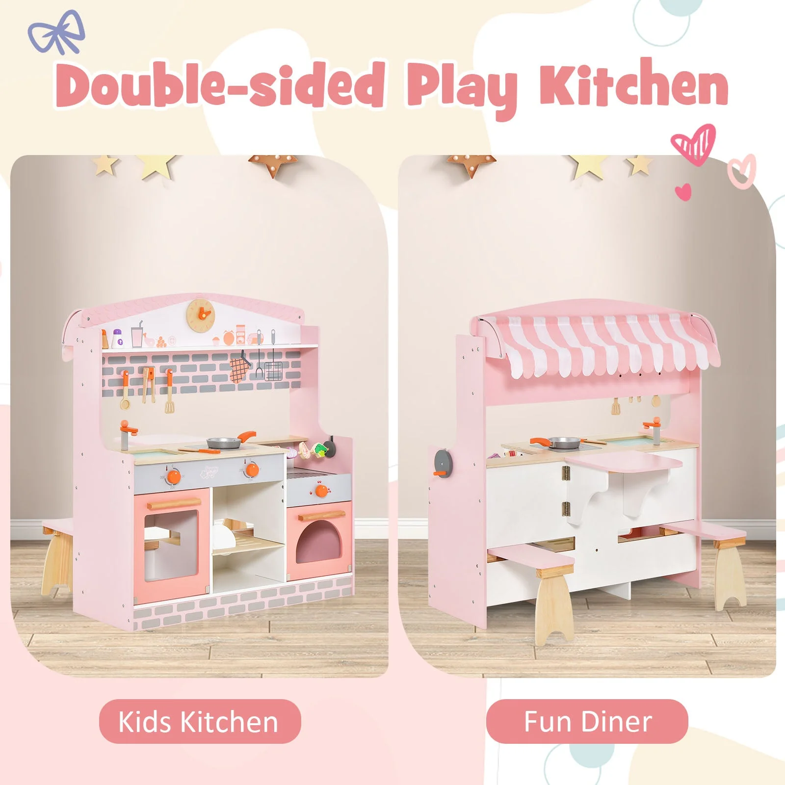Double-Sided Kids Play Kitchen Set with Canopy and 2 Seats - Image 6